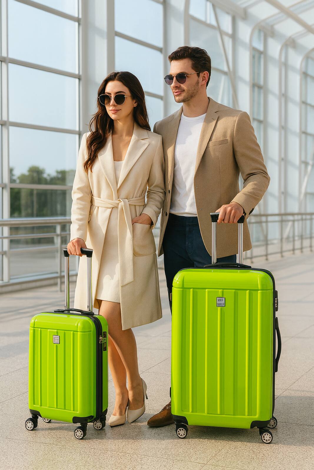 Angle. World Traveler - Contour 2-Piece Lightweight Polycarbonate Hardside Expandable Spinner Luggage Set with TSA Lock (20" & 28") - Apple Green.