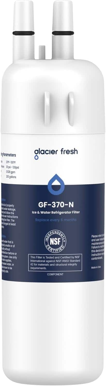 Parameters: 33°F - 100°F, 30 psi - 120 psi, 0.528 gpm, 200 gallons

glacier fresh

GF-370-N Ice & Water Refrigerator Filter
Replace every 6 months

INDEPENDENTLY NSF CERTIFIED
This Filter is Tested and Certified by NSF International against NSF/ANSI Standard 42 for materials and structural integrity requirements.

COMPONENT

Please refer to and user maintenance instructions. Failure to do so may result in contaminant Mode.