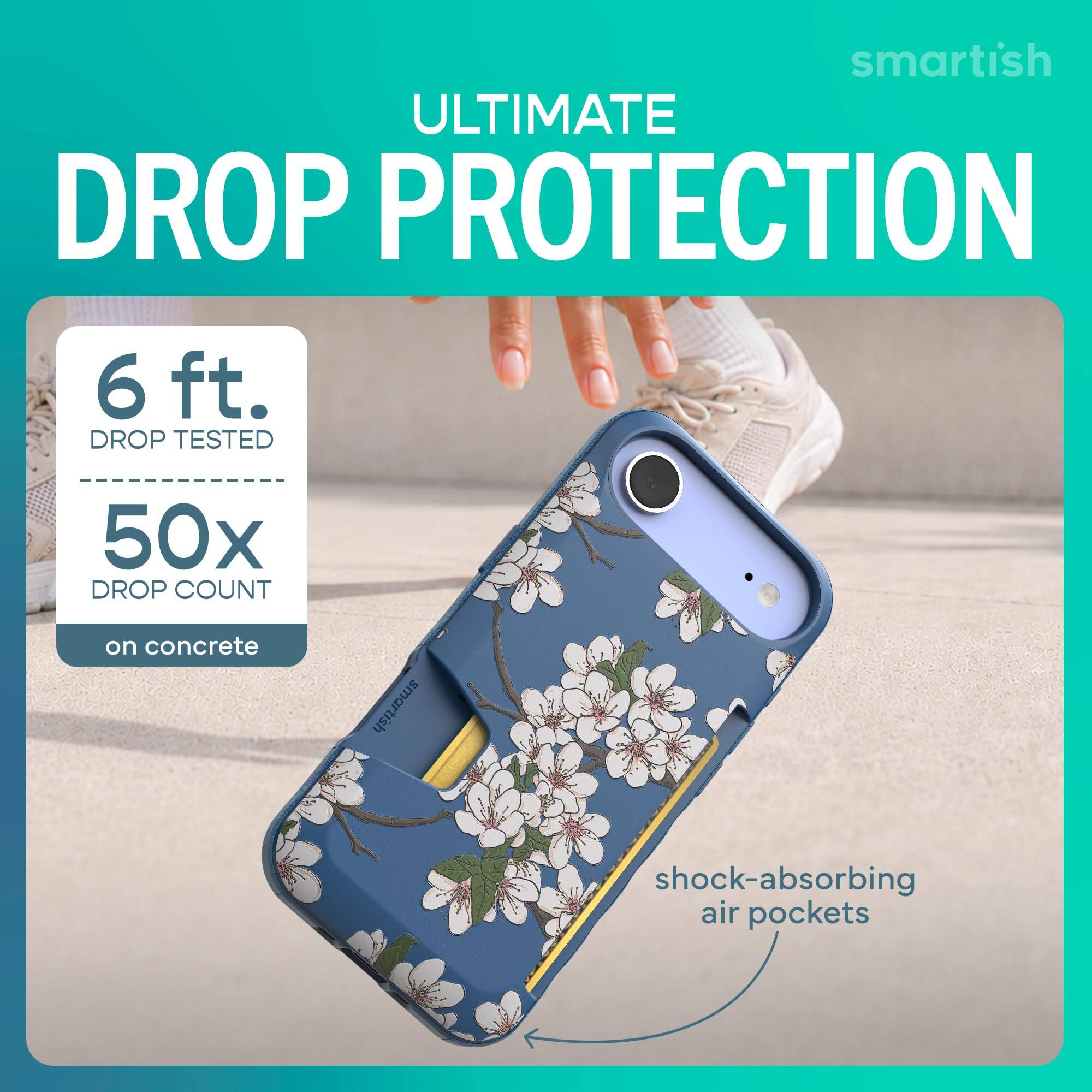 smartish ULTIMATE DROP PROTECTION  
6 ft. DROP TESTED  
50x DROP COUNT  
on concrete  
smartish  
shock-absorbing air pockets