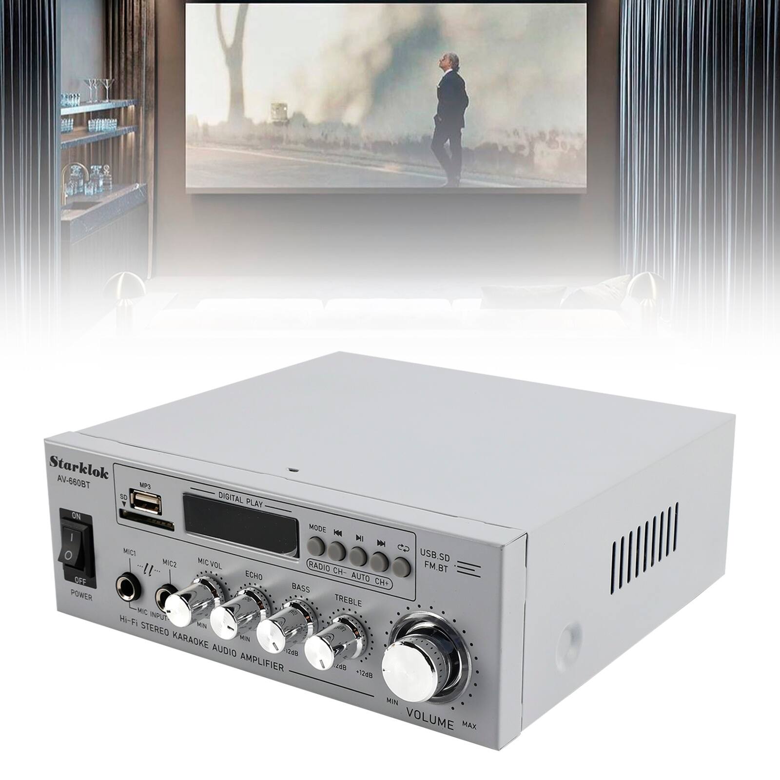 Starklok AV-8608T MPS 50 DIGITAL PLAY ON MODE E I IN W MICT GD o MIC USB.SD MICZ VoL RADIO FM.BT ST -I1- ECHO CH- AUTO SEE CH BASS POWER TREBLE MC MF INPUT STEREO MIN KARAOKE MN AUDIO OM AMPLIFIER cON -124 MIN VOLUME MAX