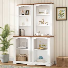 Whisen - 2-Piece Curved Design Tall Storage Cabinet, Open Bookshelf Display Case for Primary Living Space - White