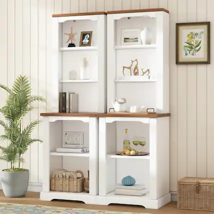 Front. Whisen - 2-Piece Curved Design Tall Storage Cabinet, Open Bookshelf Display Case for Primary Living Space - White.