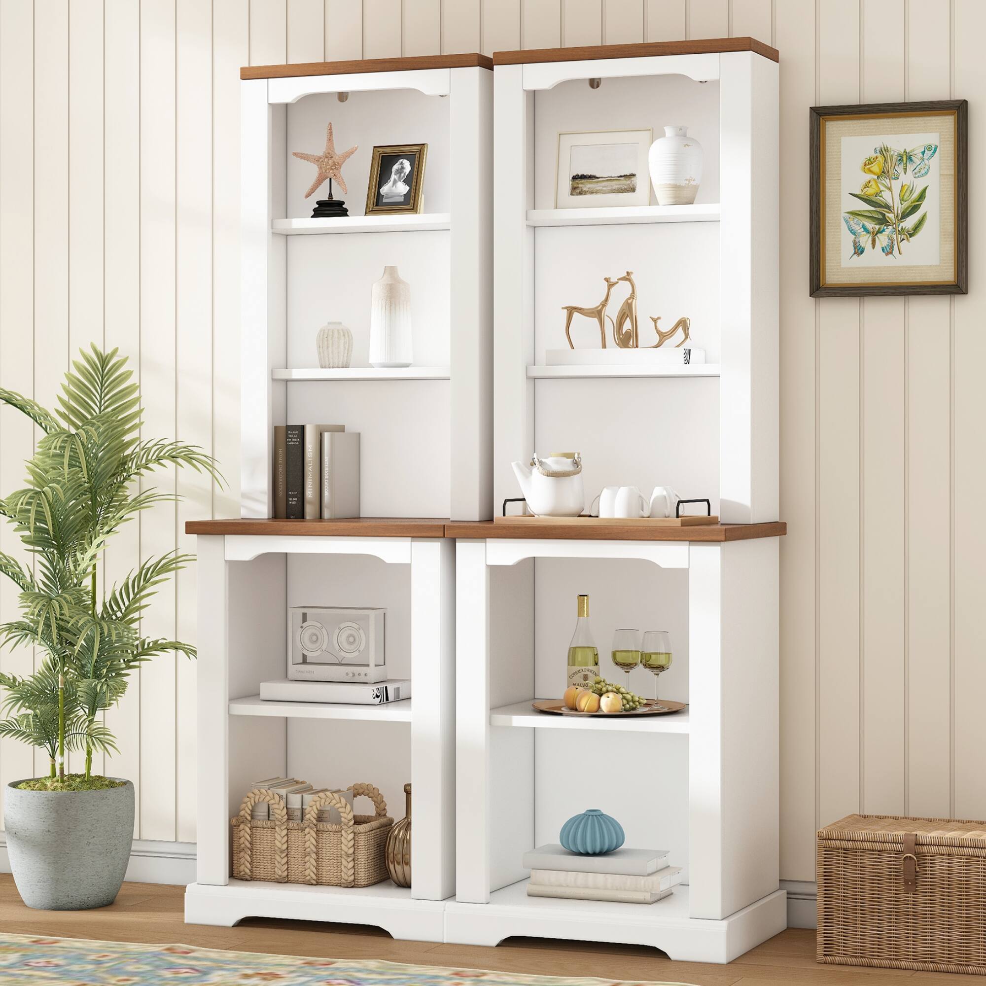 Front. Whisen - 2-Piece Curved Design Tall Storage Cabinet, Open Bookshelf Display Case for Primary Living Space - White.