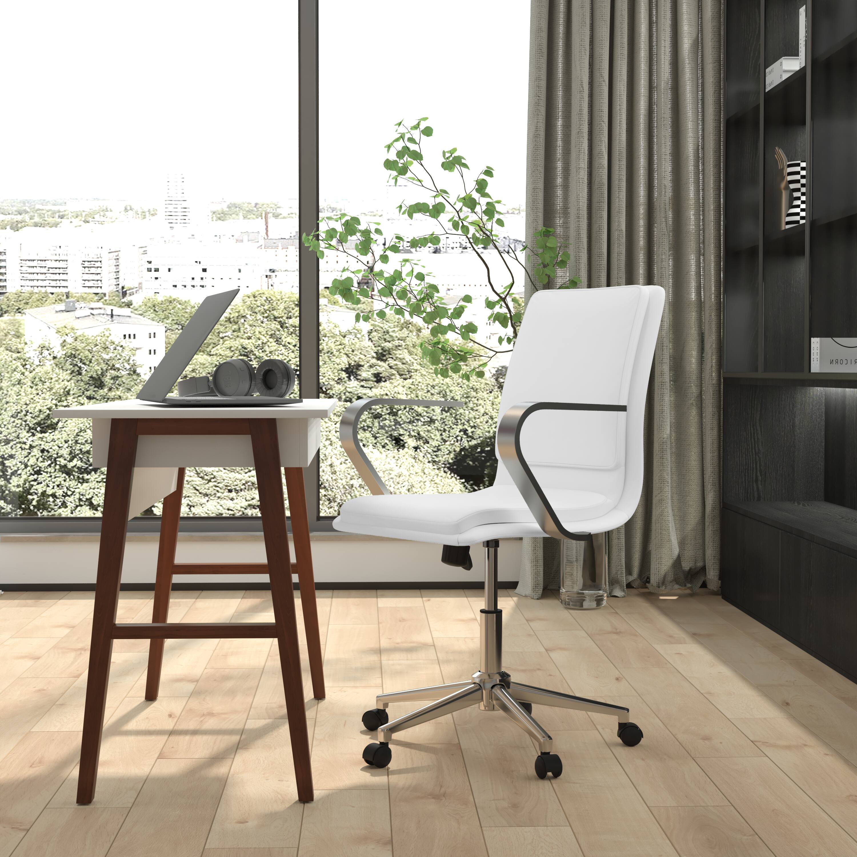Alt View 1. Emma + Oliver - Ziva Modern Upholstered Mid-Back Home Office Chair with Arms and 5 Star Base - White LeatherSoft/Chrome Frame.
