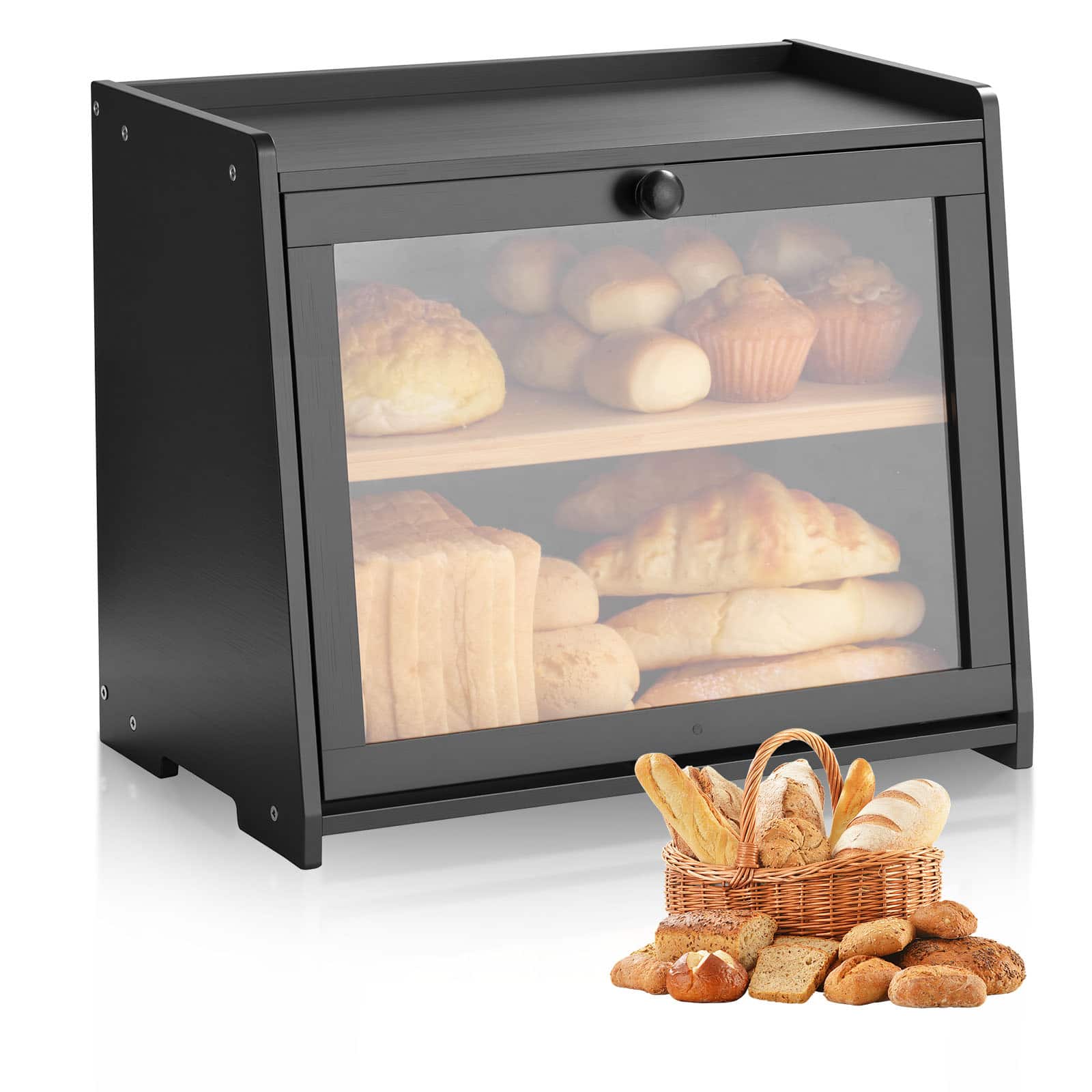 VEVOR - Double Layer Bread Box for Kitchen Counter, Large Capacity Bamboo Bread Storage Container, Farmhouse Wooden Breadbox - Black