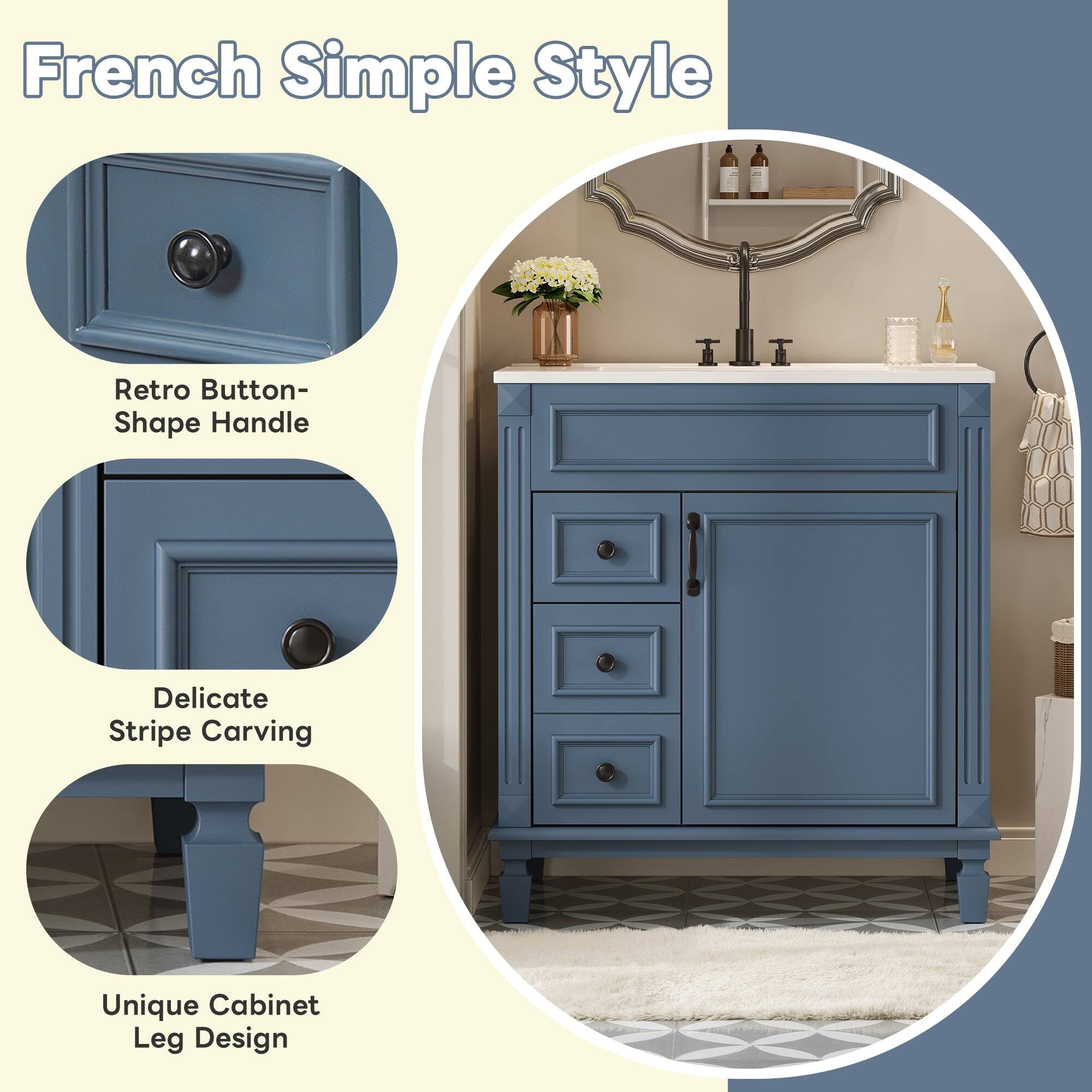 French Simple Style

- Retro Button-Shape Handle
- Delicate Stripe Carving
- Unique Cabinet Leg Design