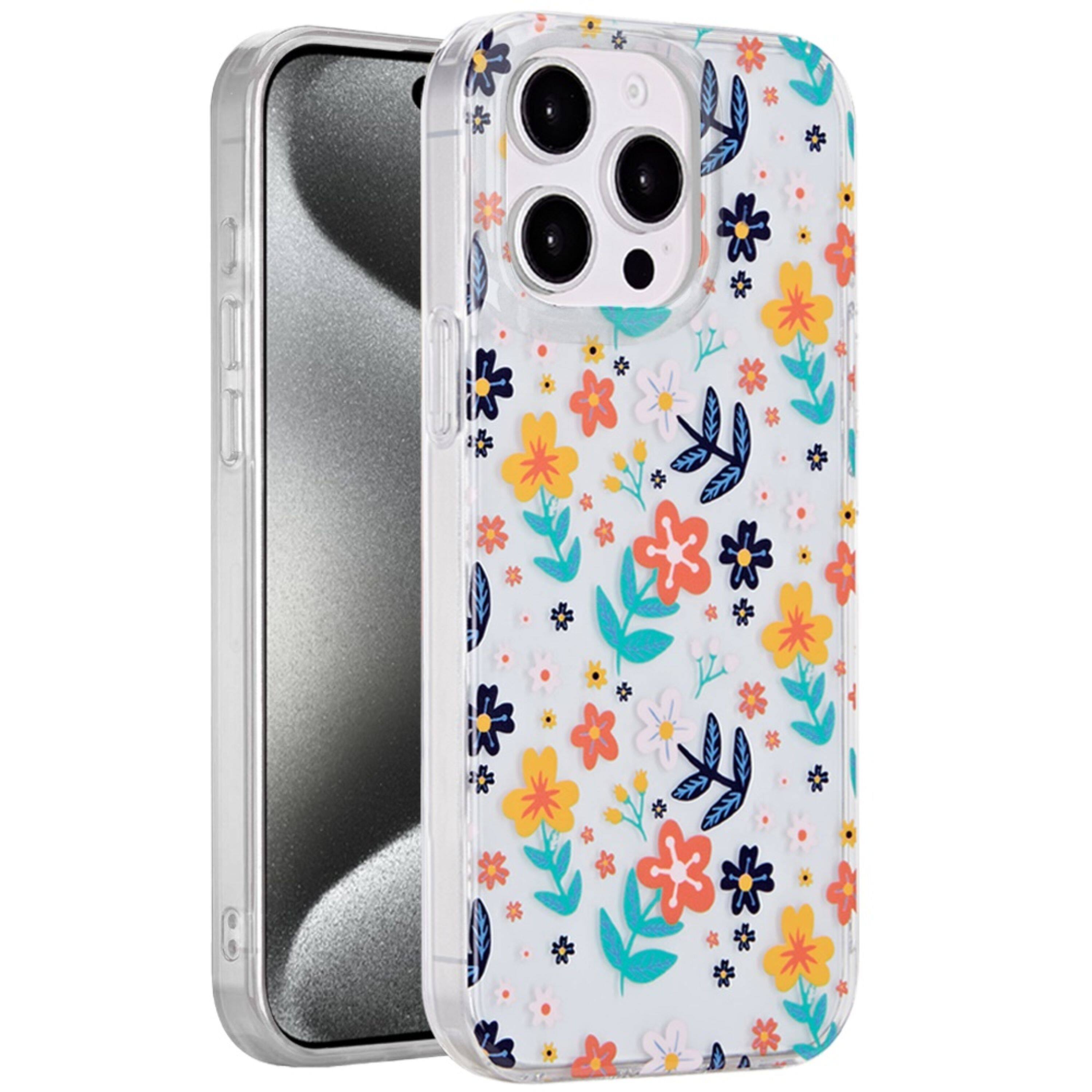 Left. Kitcheniva - Dual Layer TPU Protective Case With Tempered Glass For iPhone 15 Pro Max Colorful Floral - Multicolor.