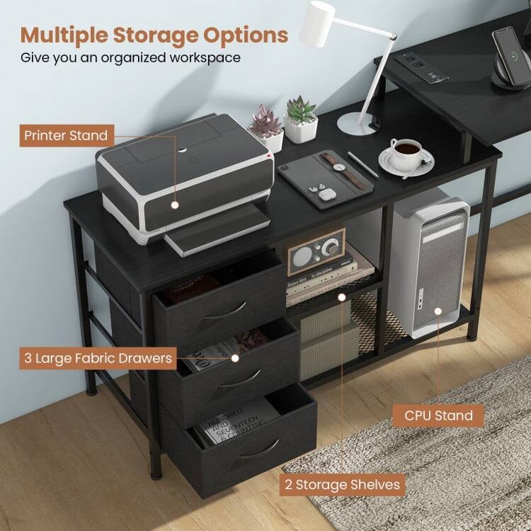 Multiple Storage Options Give you an organized workspace  
Printer Stand  
3 Large Fabric Drawers  
CPU Stand  
2 Storage Shelves