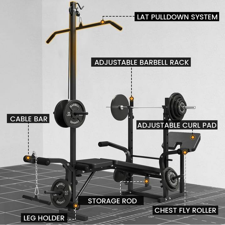 LAT PULLDOWN SYSTEM, ADJUSTABLE BARBELL RACK, CABLE BAR, ADJUSTABLE CURL PAD, LEG HOLDER, STORAGE ROD, CHEST FLY ROLLER