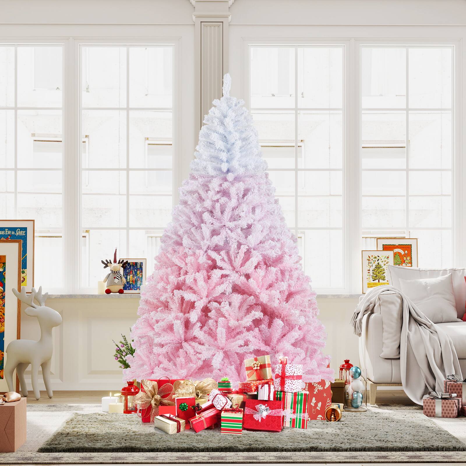 Alt View 3. Gymax - Gymax 7  FT Artificial Christmas Tree Hinged Snow Flocked Xmas Tree w/ 1264 Lush Branch Tips - Pink.