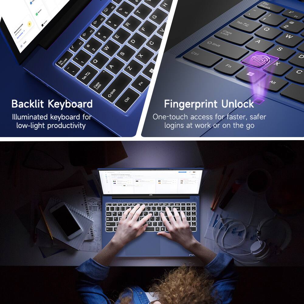 - Backlit Keyboard
  Illuminated keyboard for low-light productivity

- Fingerprint Unlock
  One-touch access for faster, safer logins at work or on the go

- If Tab Fn Alt Caps Ctrl Backlit Keyboard Fingerprint Unlock Illuminated keyboard for One-touch access for faster, safer low-light productivity logins at work or on the go SEH8P . . . BO P.
