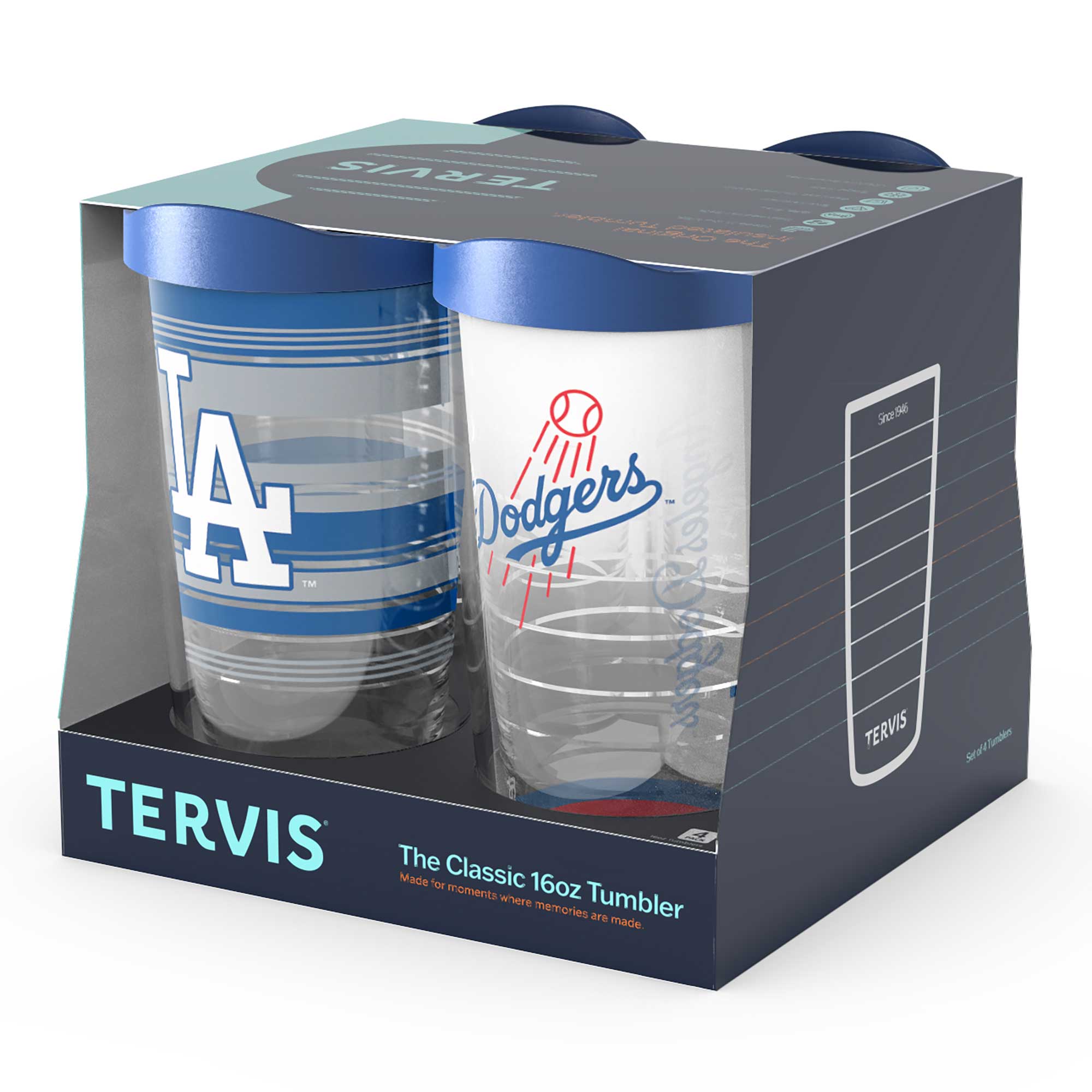 TERVIS  
The Classic 16oz Tumbler  
Made for moments where memories are made  

Dodgers  

TERVIS  
The Classic 16oz Tumbler  
Made for moments where memories are made  

TERVIS  
Since 1946  
Sport Tumbler