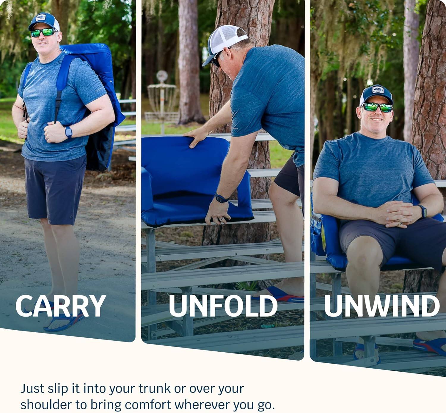 CARRY  
UNFOLD  
UNWIND  

Just slip it into your trunk or over your shoulder to bring comfort wherever you go.