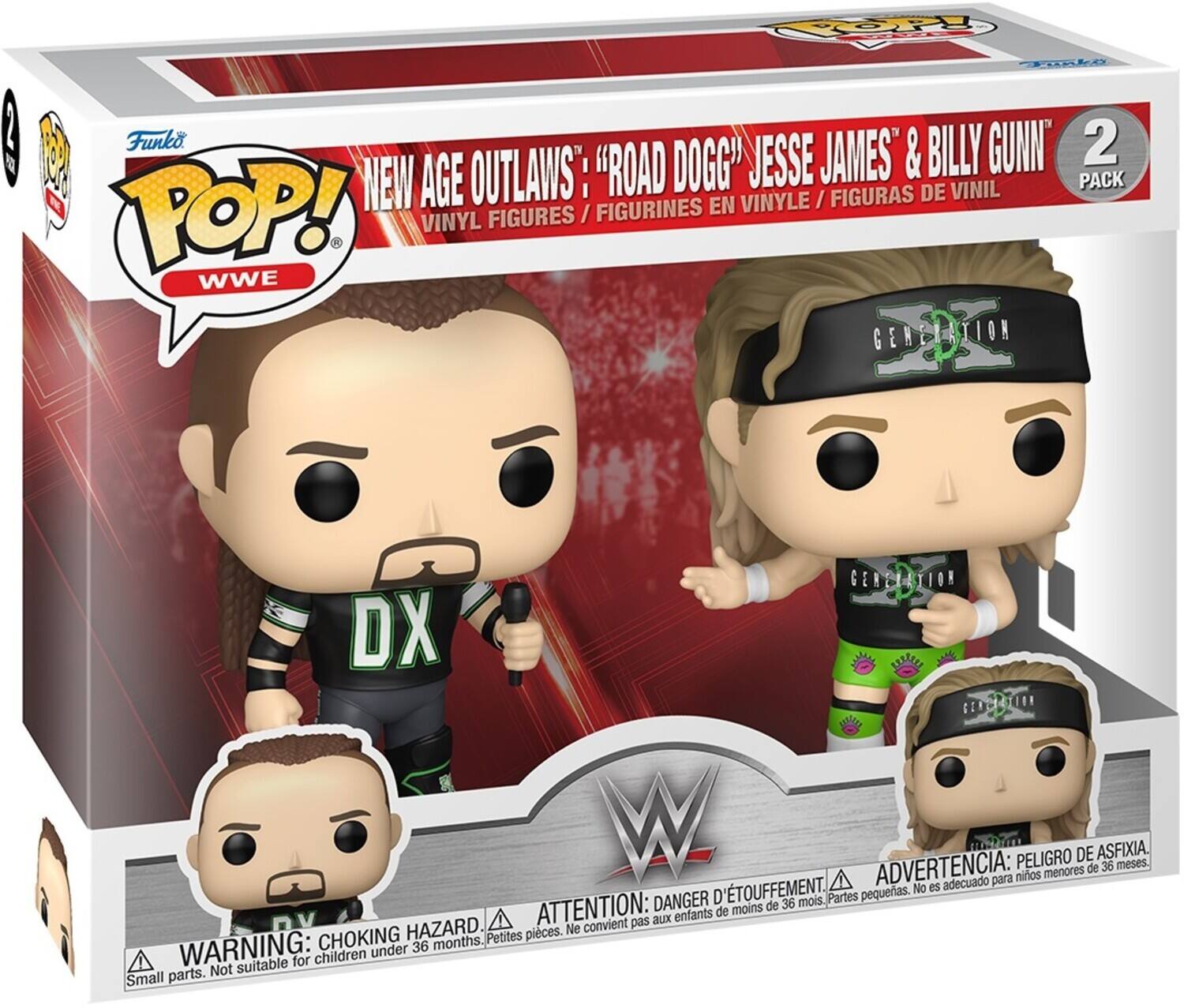 Funko POP! WWE  
NEW AGE OUTLAWS™: "ROAD DOGG" JESSE JAMES & BILLY GUNN™  
VINYL FIGURES / FIGURINES EN VINYLE / FIGURAS DE VINIL  
2 PACK  

WARNING: CHOKING HAZARD. Small parts. Not suitable for children under 36 months.  
ATTENTION: DANGER D'ÉTOUFFEMENT. Peut être dangereux pour les enfants de moins de 36 mois.  
ADVERTENCIA: PELIGRO DE ASFIXIA. No es adecuado para niños menores de 36 meses.