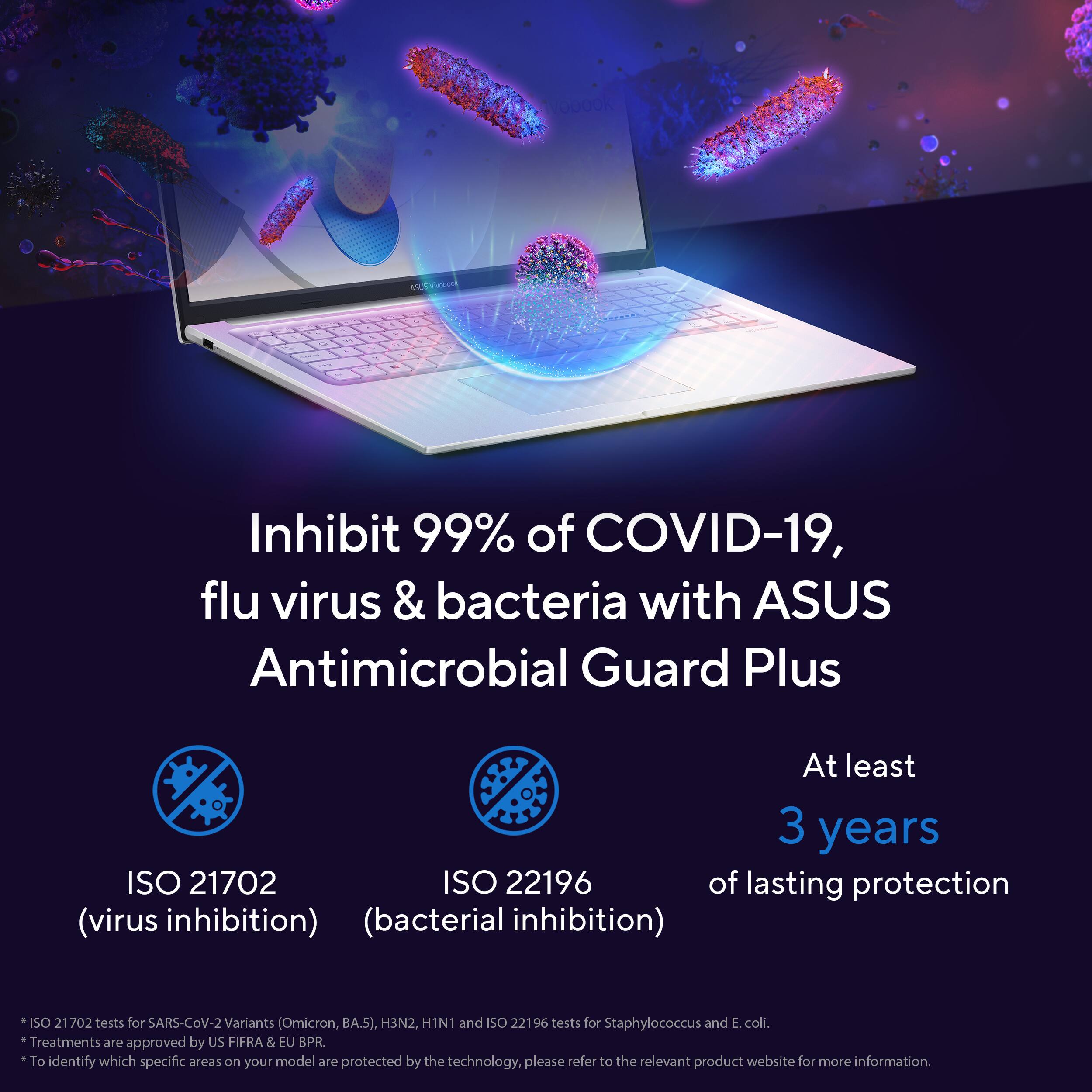 Inhibit 99% of COVID-19, flu virus & bacteria with ASUS Antimicrobial Guard Plus

At least 3 years of lasting protection

ISO 21702 (virus inhibition)
ISO 22196 (bacterial inhibition)

ISO 21702 tests for SARS-CoV-2 Variants (Omicron, BA.5), H3N2, H1N1
ISO 22196 tests for Staphylococcus and E. coli

Treatments are approved by US FIFRA & EU BPR

To identify which specific areas on your model are protected by the technology, please refer to the relevant product website for more information.
