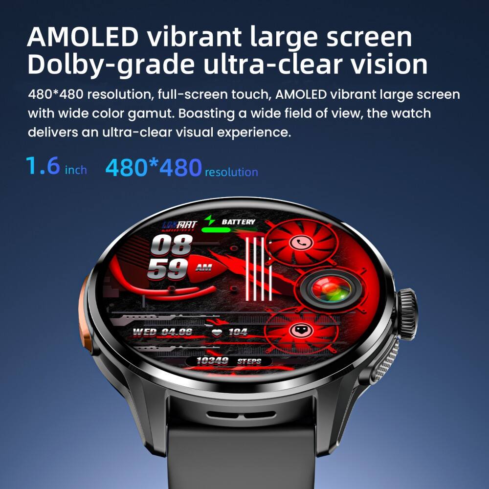 AMOLED vibrant large screen Dolby-grade ultra-clear vision  
480*480 resolution, full-screen touch, AMOLED vibrant large screen with wide color gamut. Boasting a wide field of view, the watch delivers an ultra-clear visual experience.  
1.6 inch 480*480 resolution
