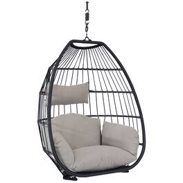 Sunnydaze - Large Black Resin Wicker Hanging Egg Chair with Cushions - Gray