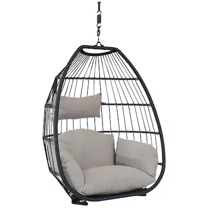 Front. Sunnydaze - Large Black Resin Wicker Hanging Egg Chair with Cushions - Grey.