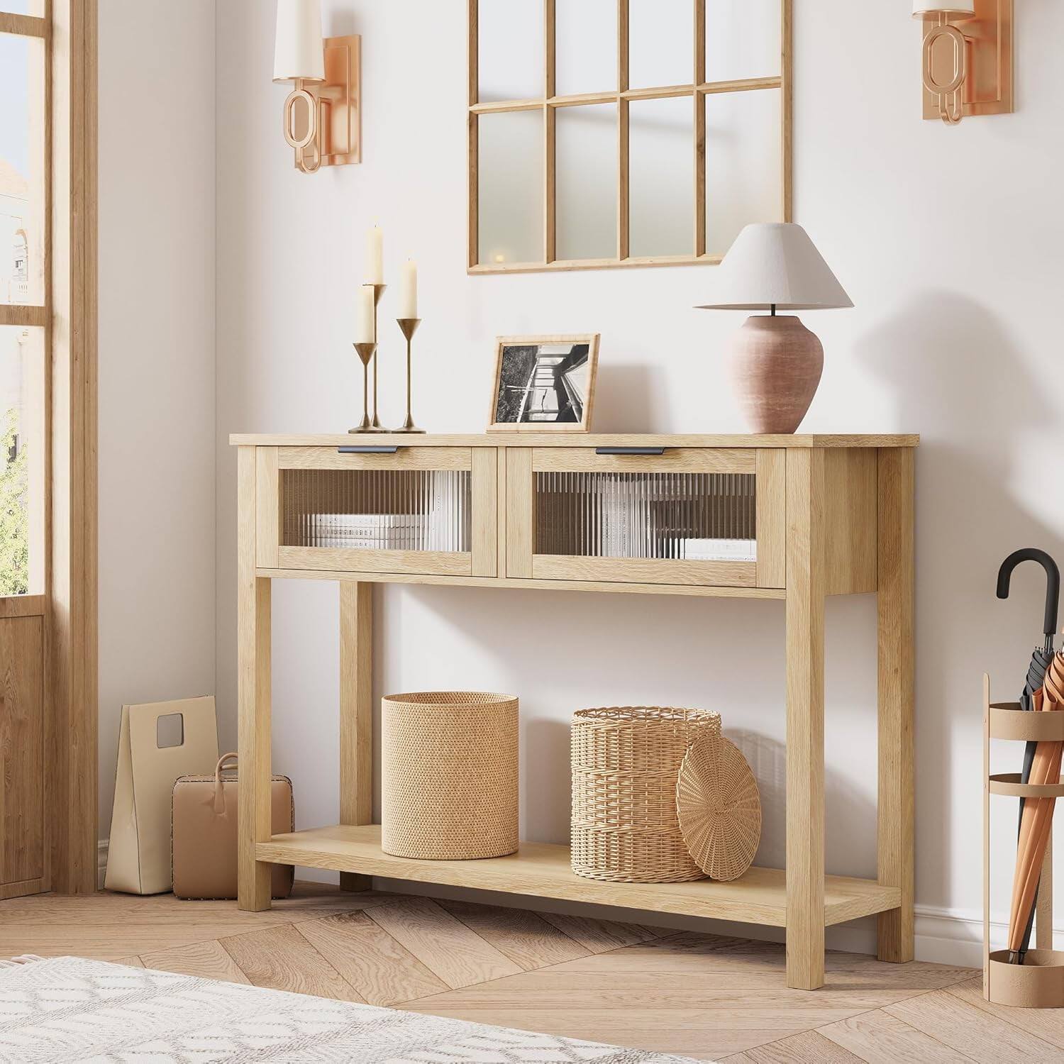 Alt View 1. Electrodes Masters - 2-Tier Entryway Table with Storage - Wood Sofa Table with 2 Glass Drawers, Burlywood - Natural.