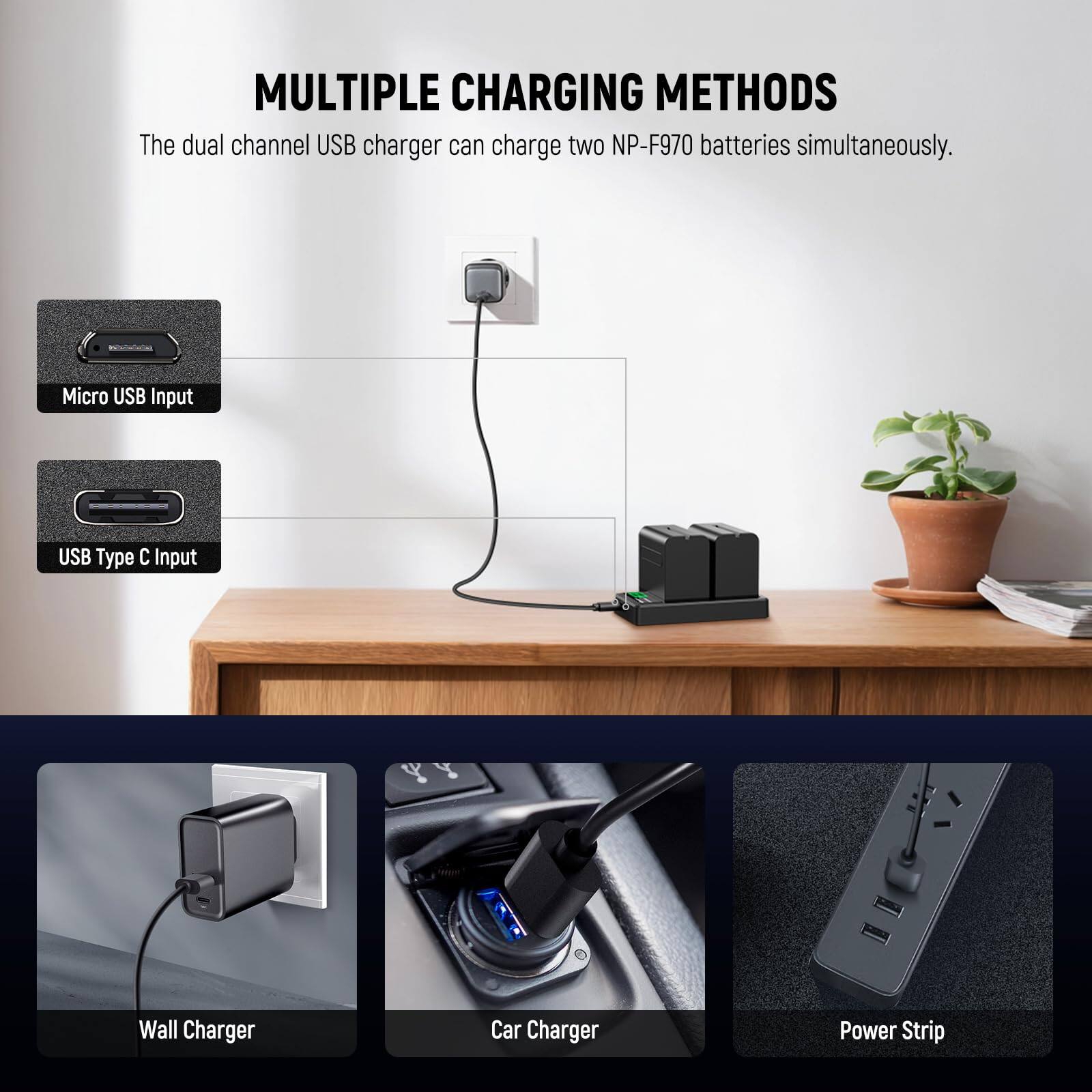 MULTIPLE CHARGING METHODS

The dual channel USB charger can charge two NP-F970 batteries simultaneously.

- Micro USB Input
- USB Type C Input
- Wall Charger
- Car Charger
- Power Strip