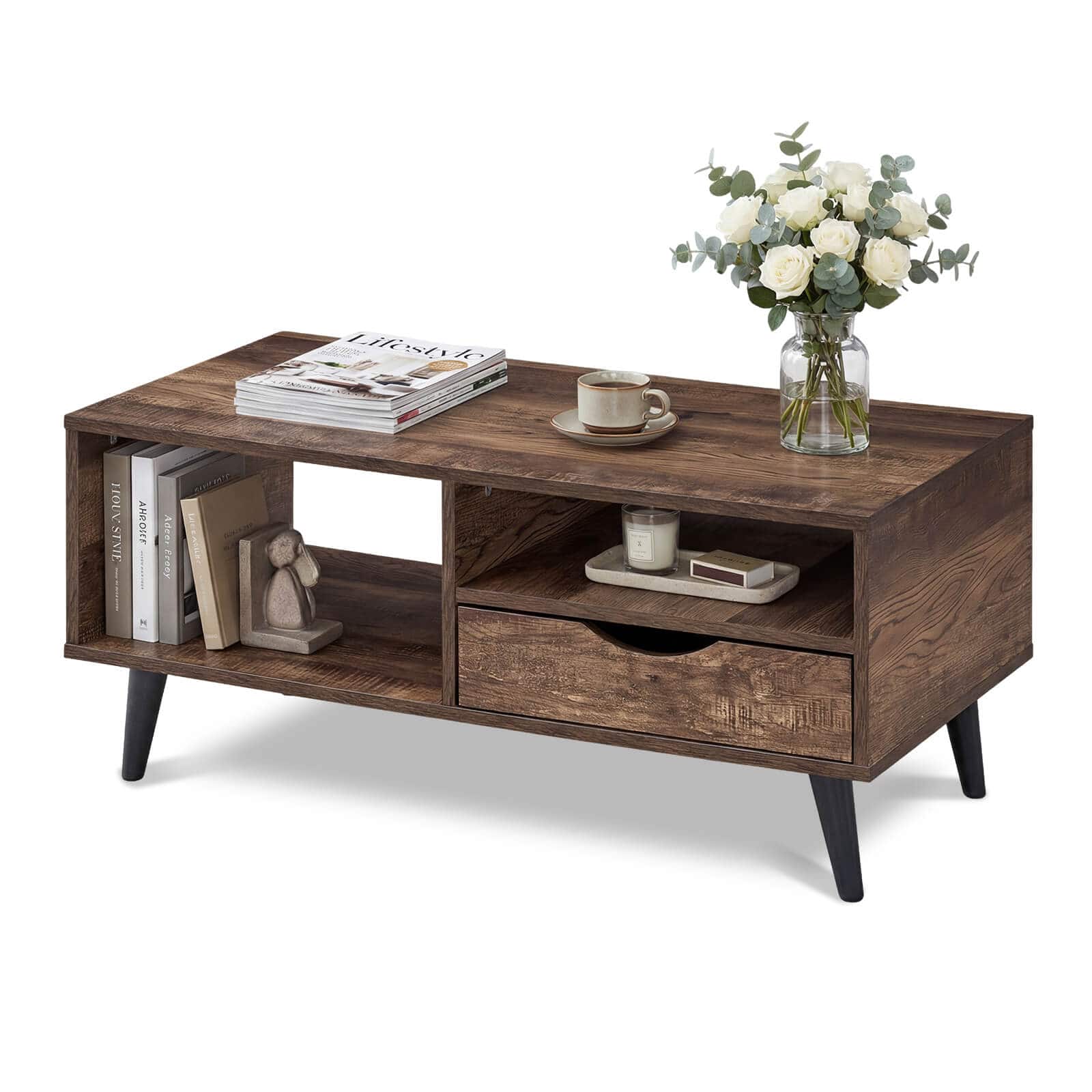 Costway - Coffee Table with Storage, Rustic Rectangle Center Table with Drawer & Open Shelves - Walnut
