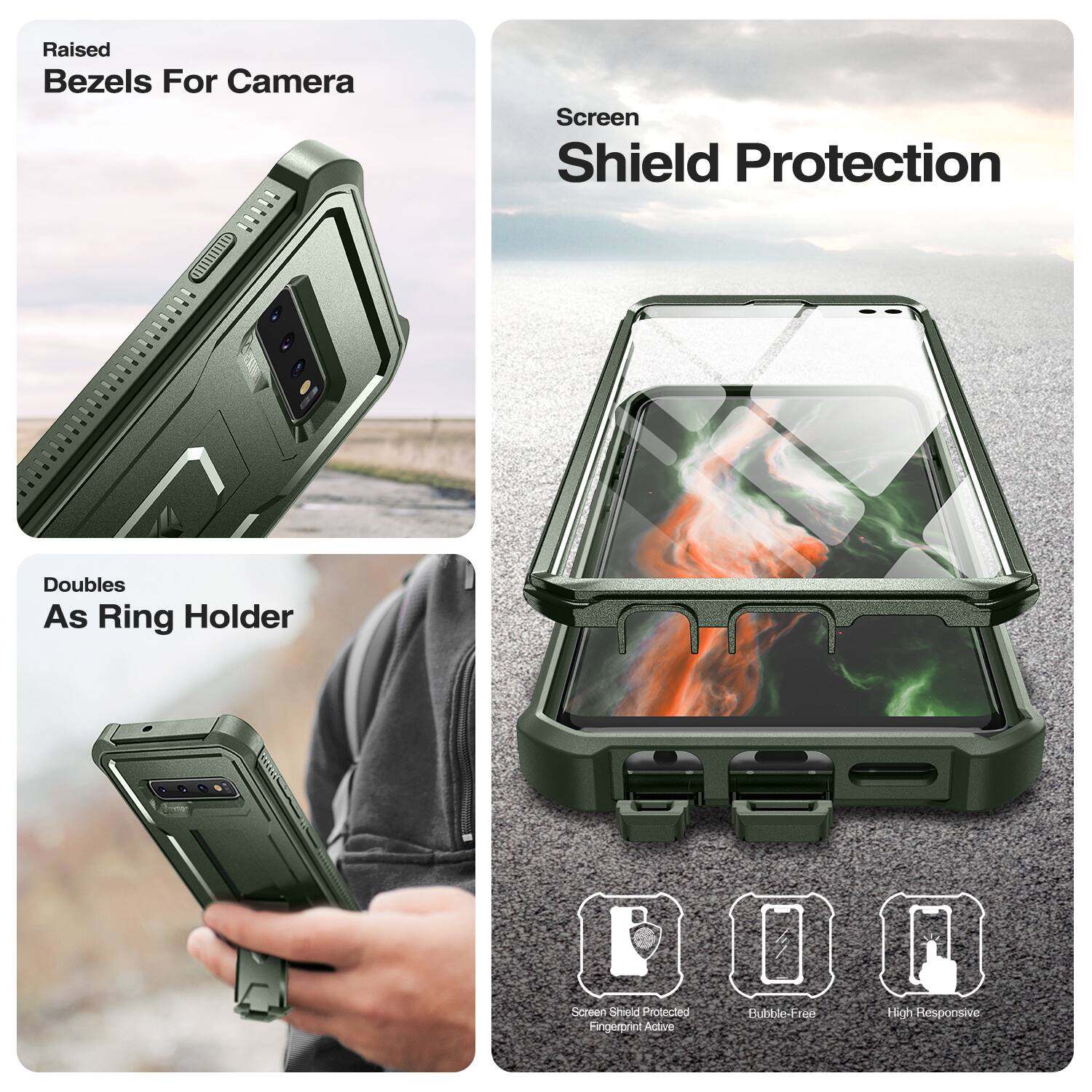 Raised Bezels For Camera  
Screen Shield Protection  
Doubles As Ring Holder  

Screen Shield Protected  
Bubble-Free  
High Responsive