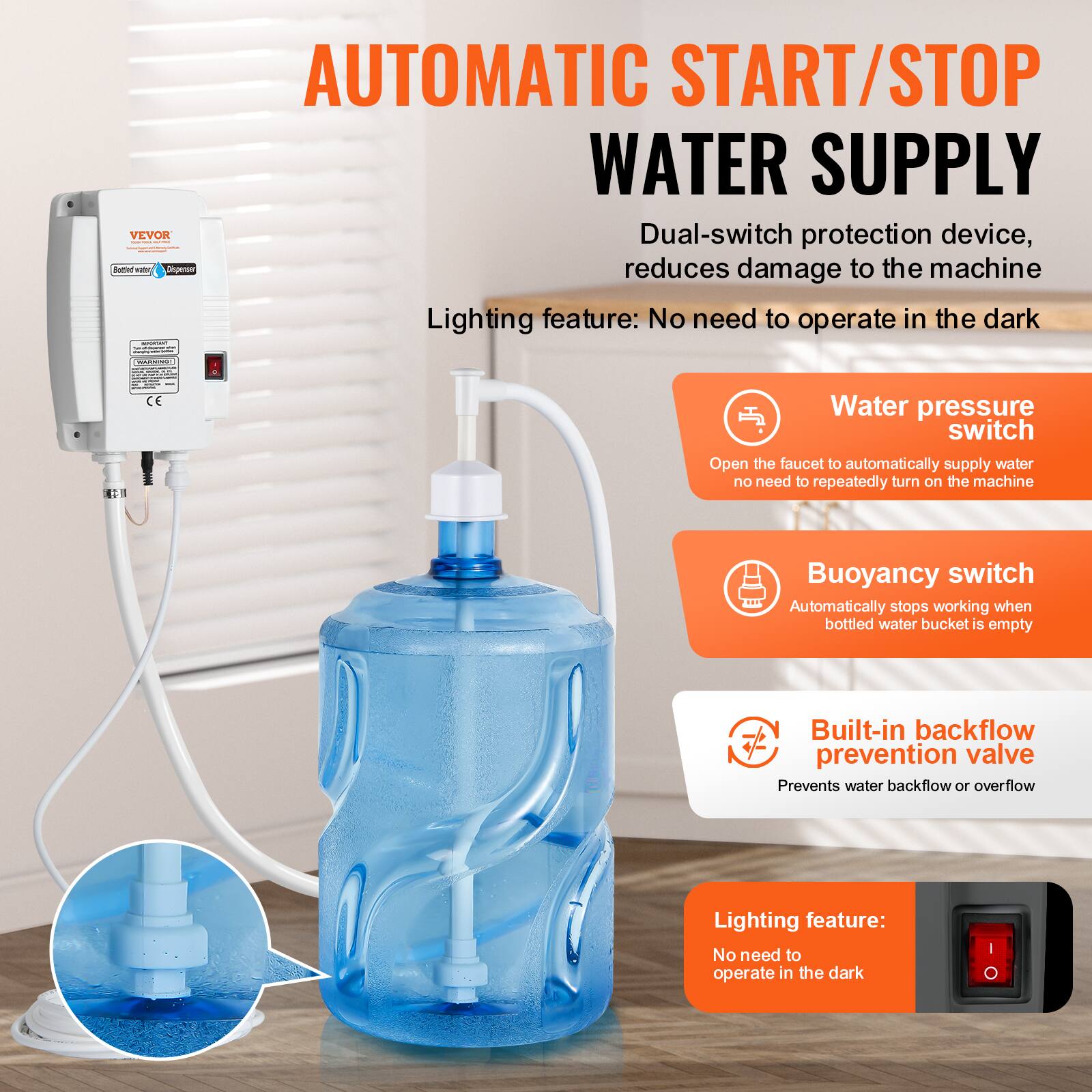 AUTOMATIC START/STOP WATER SUPPLY

VEVOR Dual-switch protection device, reduces damage to the machine

Lighting feature: No need to operate in the dark

Water pressure switch
Open the faucet to automatically supply water no need to repeatedly turn on the machine

Buoyancy switch
Automatically stops working when bottled water bucket is empty

Built-in backflow prevention valve
Prevents water backflow or overflow

Lighting feature: No need to operate in the dark