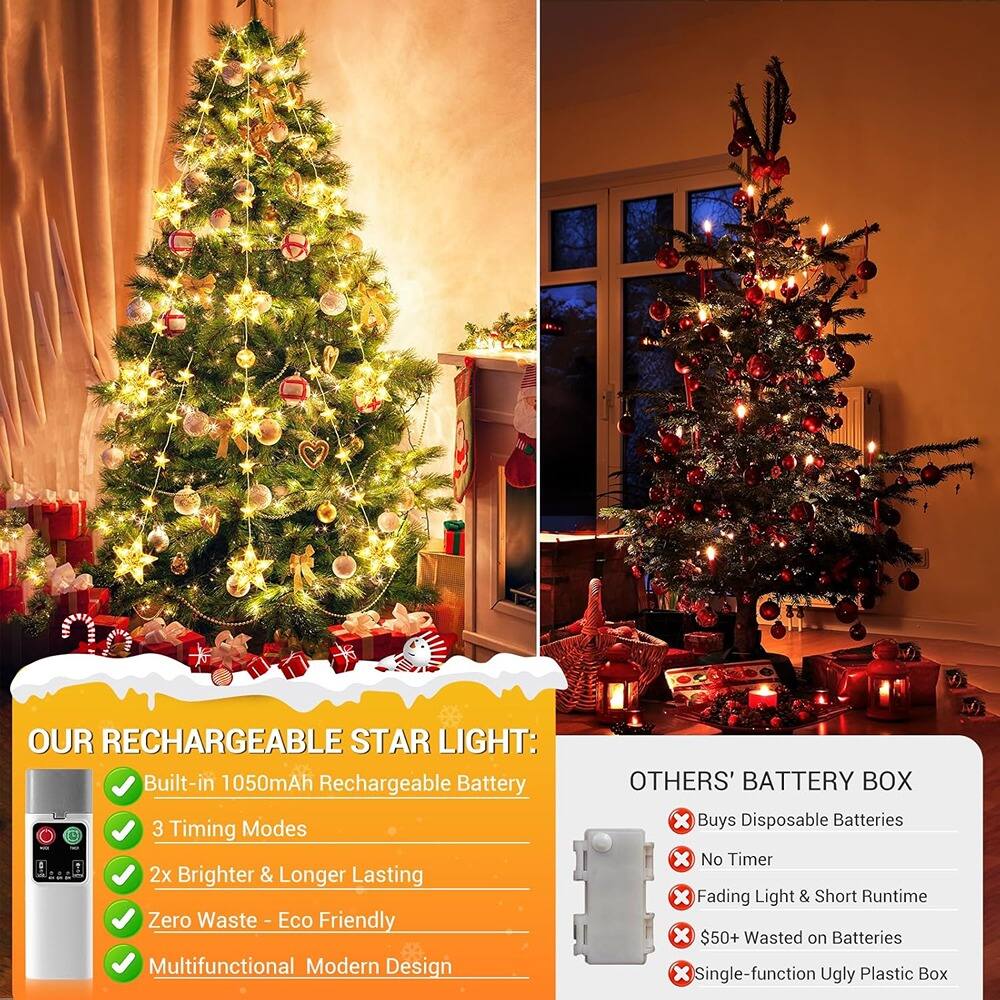 **OUR RECHARGEABLE STAR LIGHT:**
- Built-in 1050mAh Rechargeable Battery
- 3 Timing Modes
- 2x Brighter & Longer Lasting
- Zero Waste - Eco Friendly
- Multifunctional Modern Design

**OTHERS' BATTERY BOX:**
- Buys Disposable Batteries
- No Timer
- Fading Light & Short Runtime
- $50+ Wasted on Batteries
- Single-function Ugly Plastic Box
