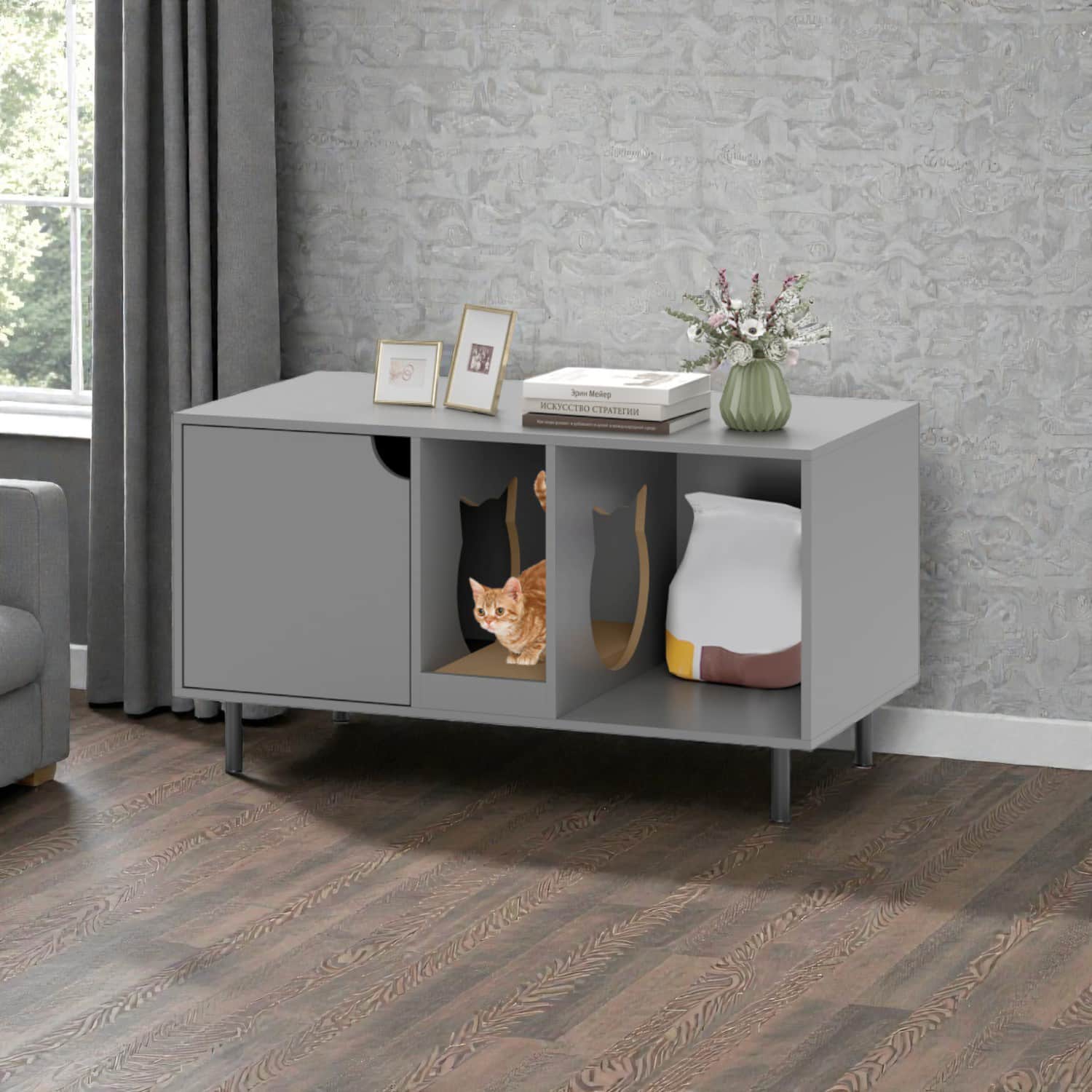 BreeBe - Concealed Cat Litter House for 2 Cats with 40-Inch Wide Design - Gray