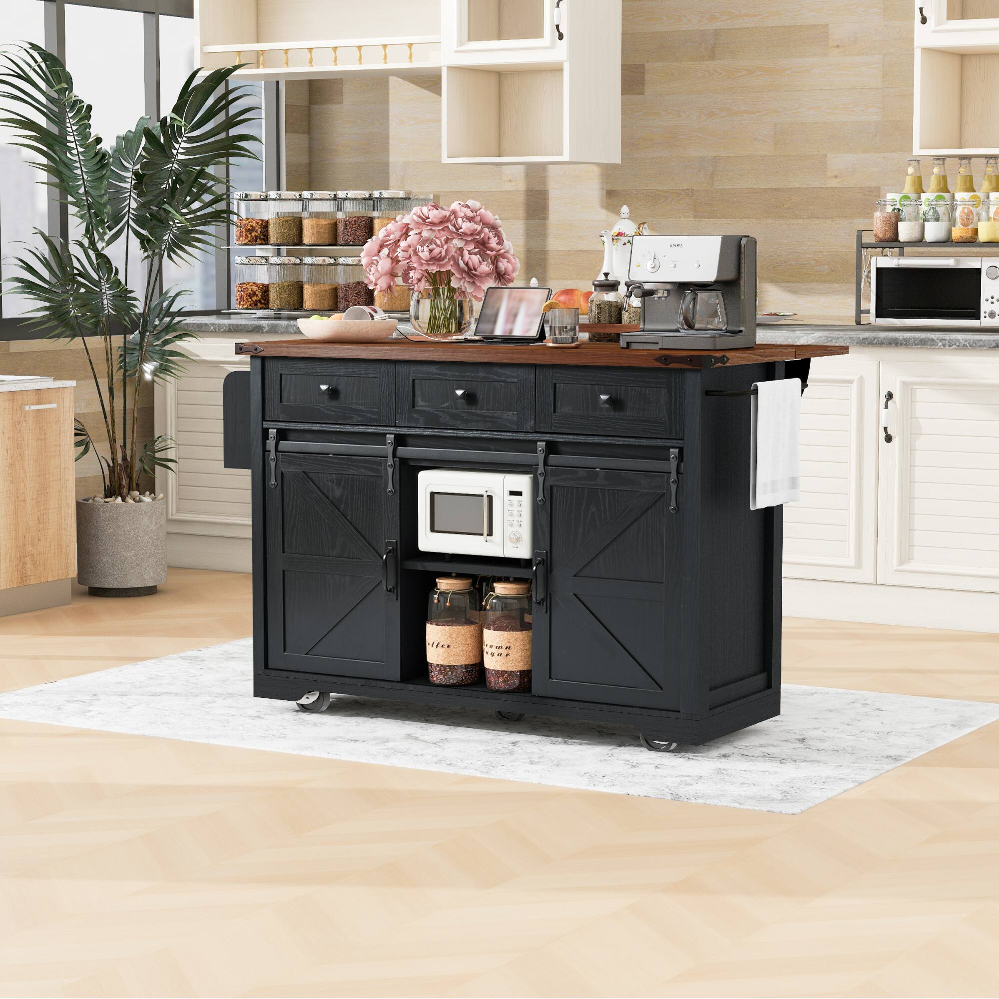 Alt View 2. ELEMENT ACE - Farmhouse Kitchen Island with Power Outlet, Drop Leaf, and Sliding Barn Doors for Versatile Storage - Black.