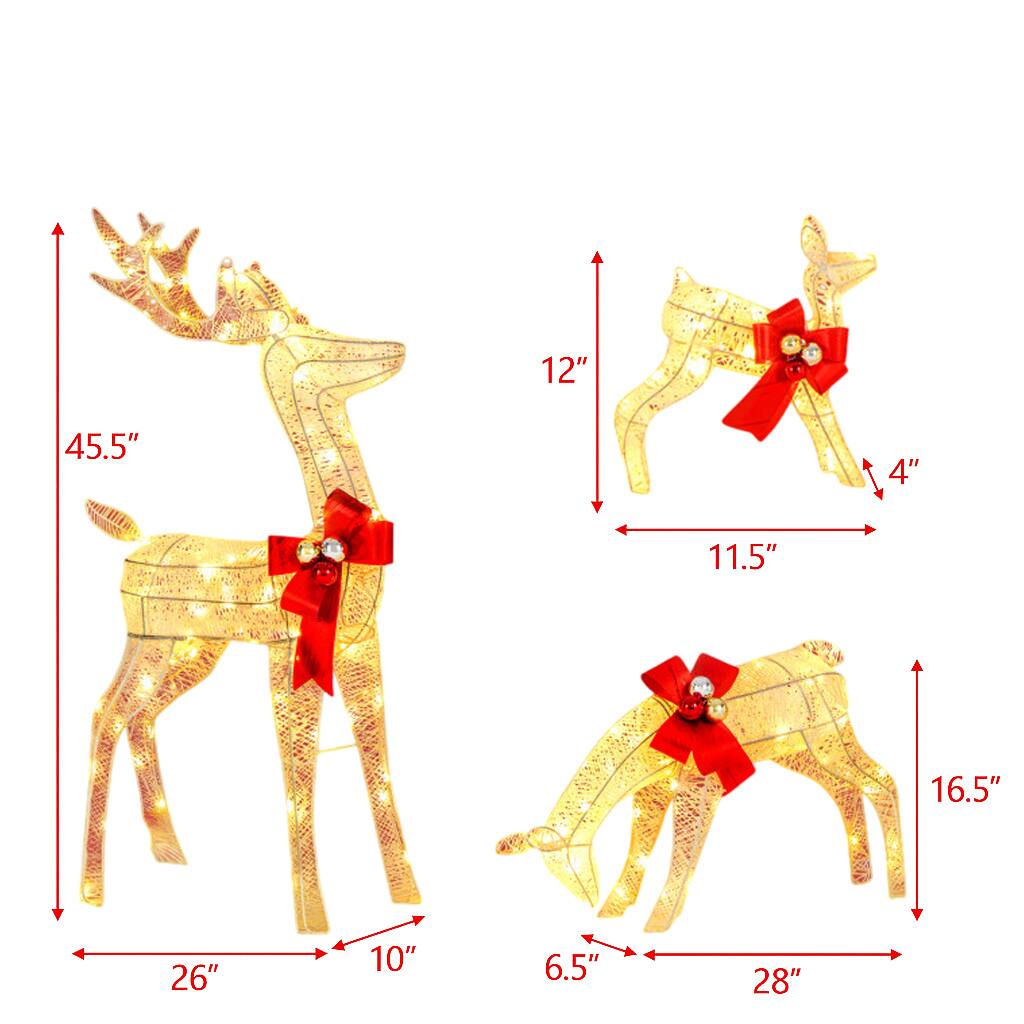 - 45.5" (height of the largest deer)
- 26" (width of the largest deer)
- 10" (depth of the largest deer)
- 12" (height of the medium deer)
- 11.5" (width of the medium deer)
- 4" (depth of the medium deer)
- 16.5" (height of the smallest deer)
- 28" (width of the smallest deer)
- 6.5" (depth of the smallest deer)