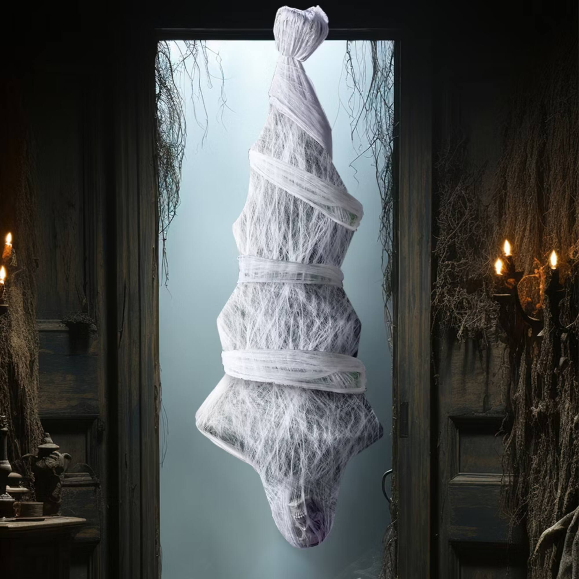 Angle. Joyfy - 72" Hanging Cocoon Corpses Props, Halloween Hanging Decorations, Dead Body Prop for Graveyard Halloween Haunted House - white.