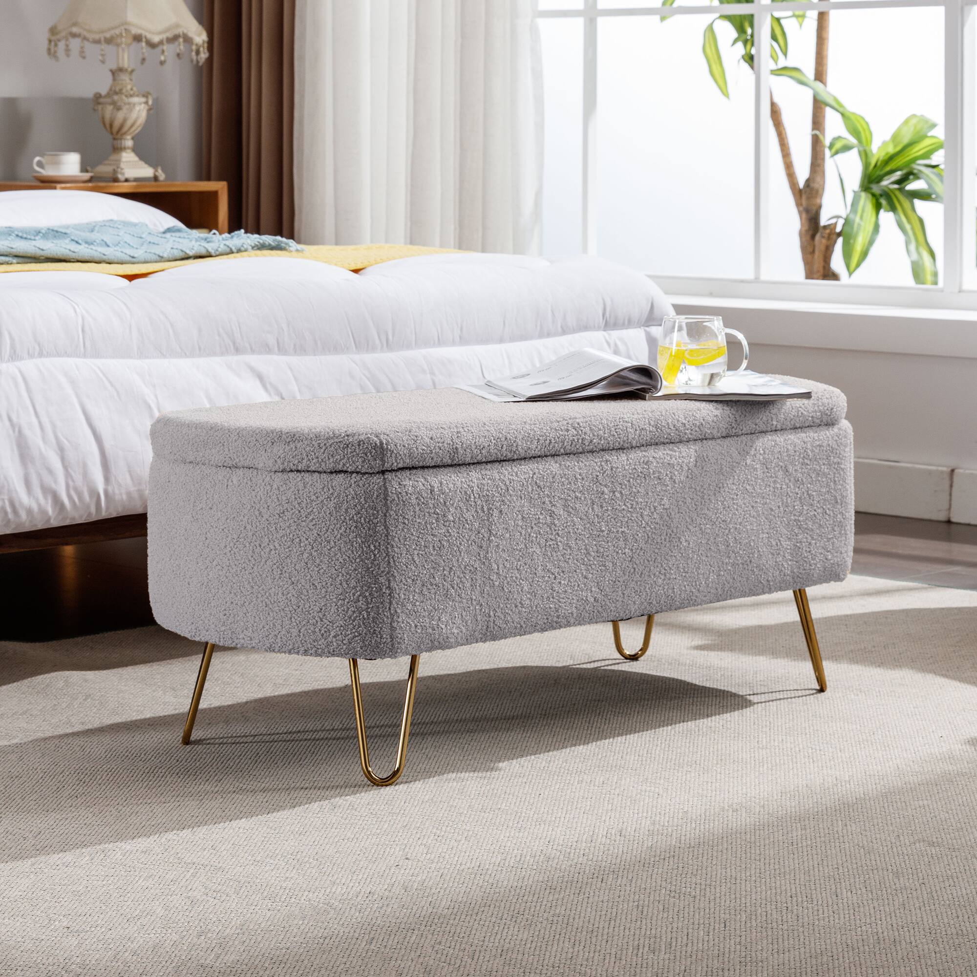 Alt View 2. Lirago - 39" W Dressing Chair Storage Bench - Faux Fur Padded Upholstered with Gold Legs - Grey.