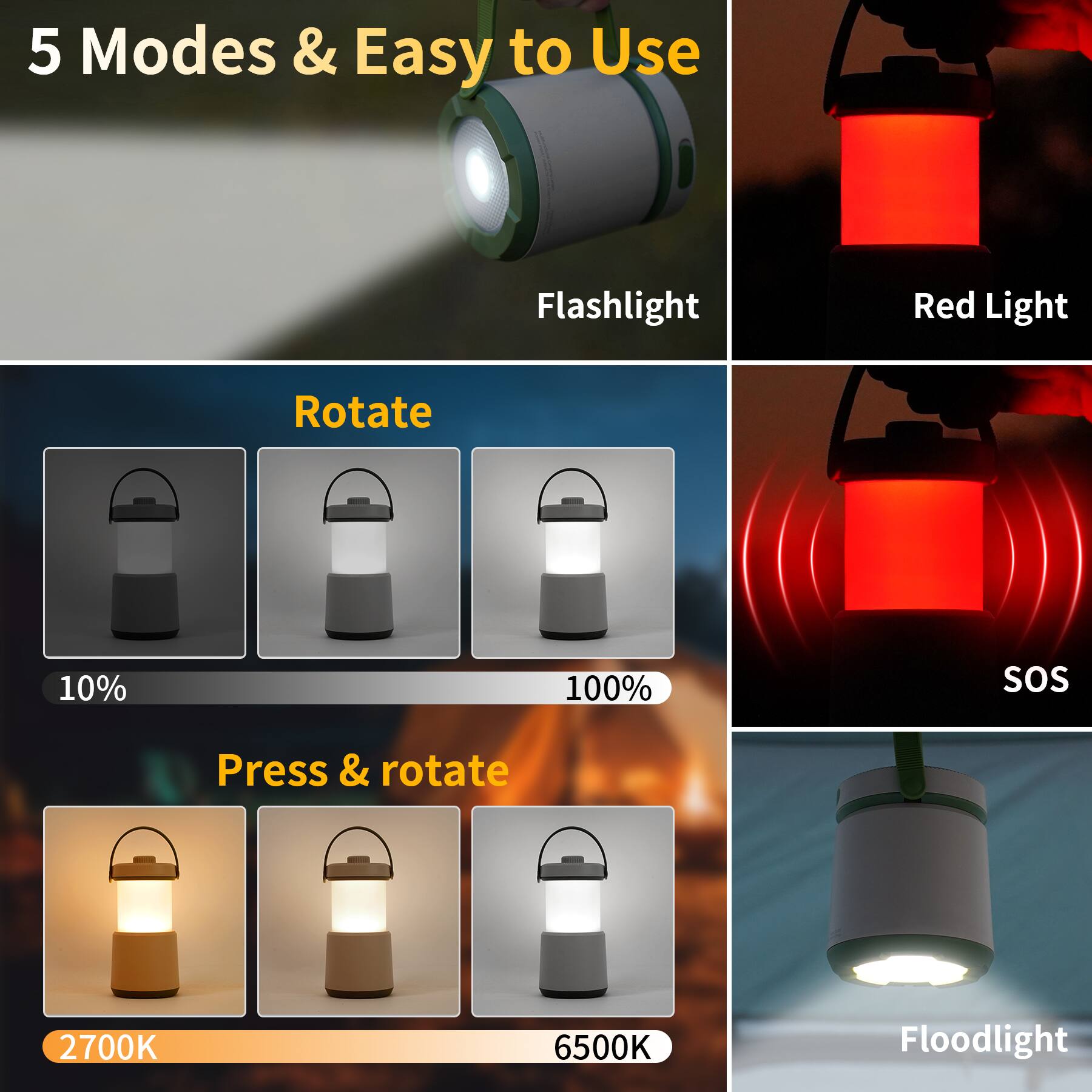 5 Modes & Easy to Use

Flashlight

Red Light

Rotate
10%
100%
SOS

Press & rotate
2700K
6500K

Floodlight