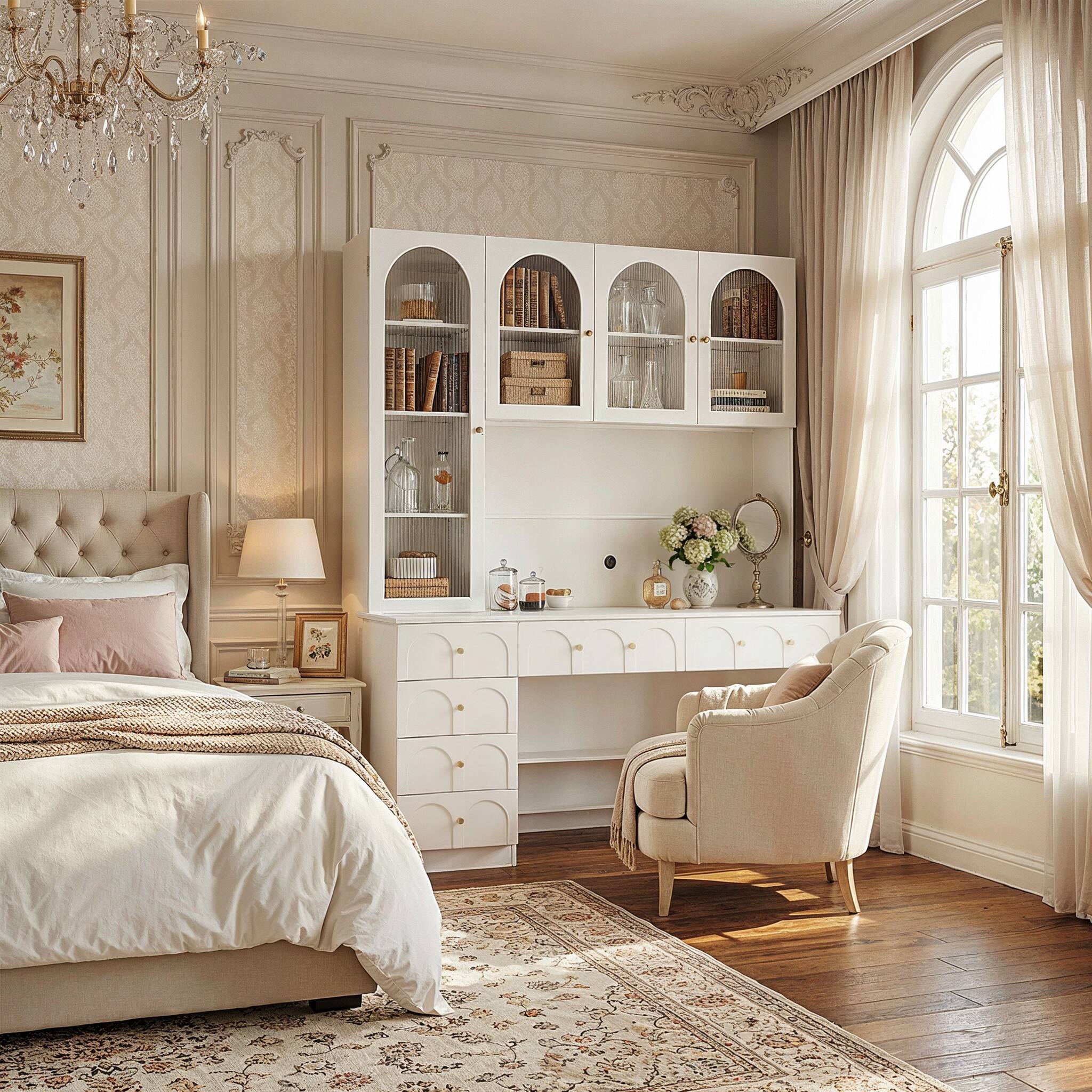 Alt View 8. Famapy - French Vintage Vanity & Desk Combo – White Arched Cabinet with Drawer, Glass Doors, for Bedroom or Home Office - White.