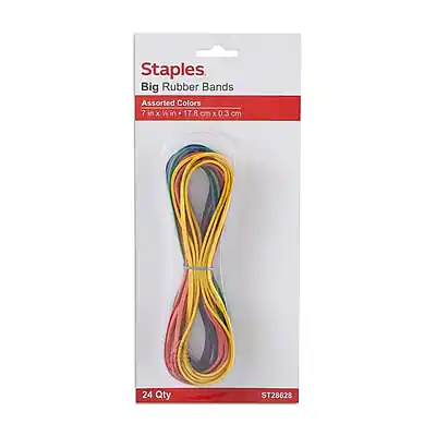 Staples
Big Rubber Bands
Assorted Colors
7 in x 1 in (17.8 cm x 0.3 cm)
24 Qty
ST28628