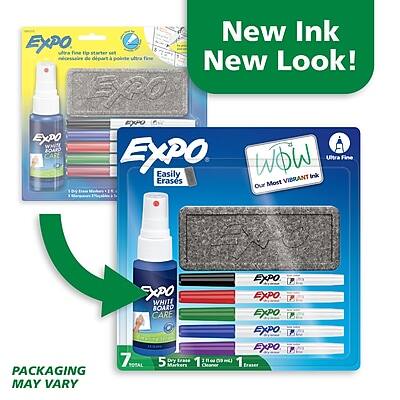 New Ink  
New Look!

Expo  
Fine Tip Starter Set  
Necessities for Display  
Ultra Fine Point

Expo  
Easily Erases  
Ultra Fine  
Our Most Vibrant Ink

Expo  
White Board Care

PACKAGING MAY VARY

7 Markers  
5 Markers  
1 Cleaner  
1 Eraser