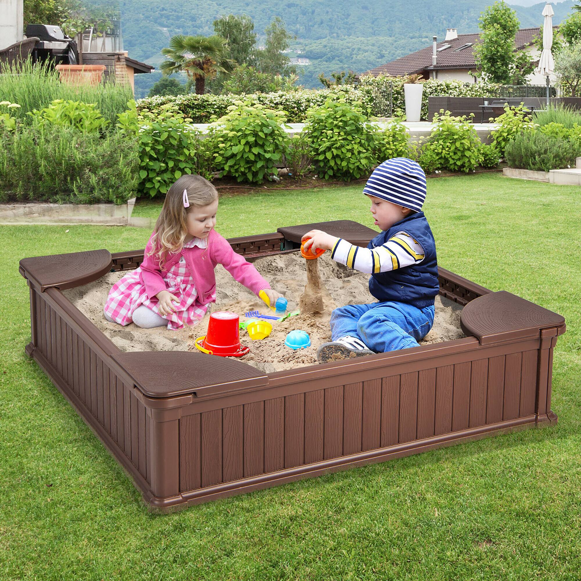 Alt View 3. Gymax - Gymax Kids Outdoor Sandbox 48.5'' x 48.5'' x 12.5'' Large HDPE Sandpit with Oxford Cover Brown - Brown.