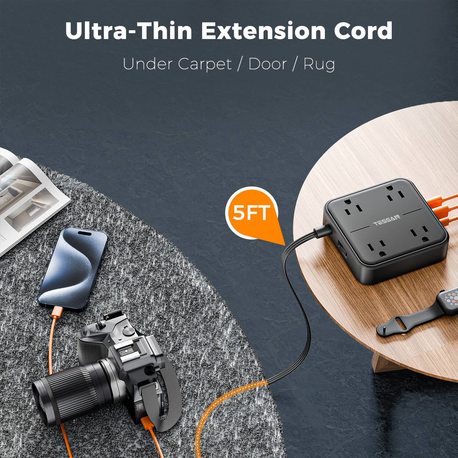 Ultra-Thin Extension Cord Under Carpet / Door / Rug 5FT TESSAN