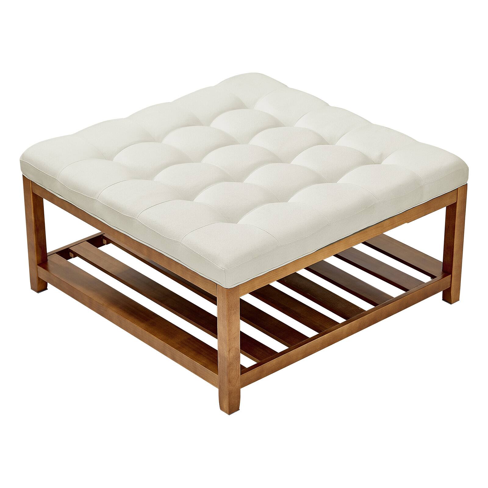 VEVOR - Large Square Ottoman Coffee Table, 34.5 Inch Tufted Coffee Table with Solid Wood Shelf Storage, Linen Solid Upholstered - Off-White