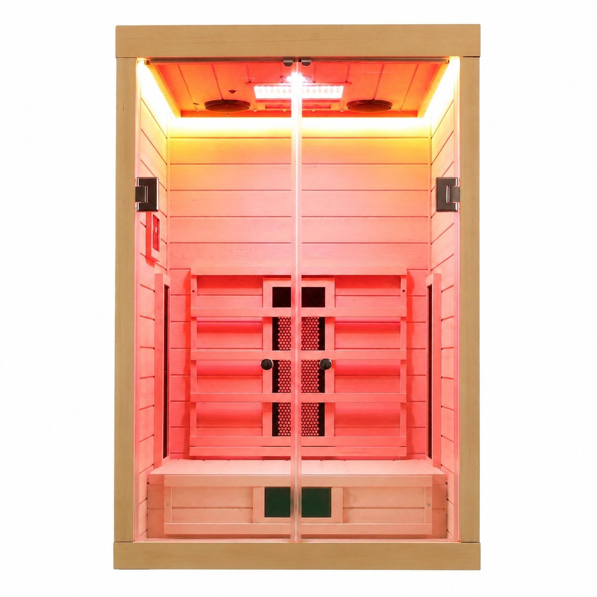 Front. RYHNUYNE - One Person Hemlock Sauna, Eastern Canadian Hemlock Wood, 1760 W Far Infrared Heating, Low EMF, Bluetooth Speakers - Natural.