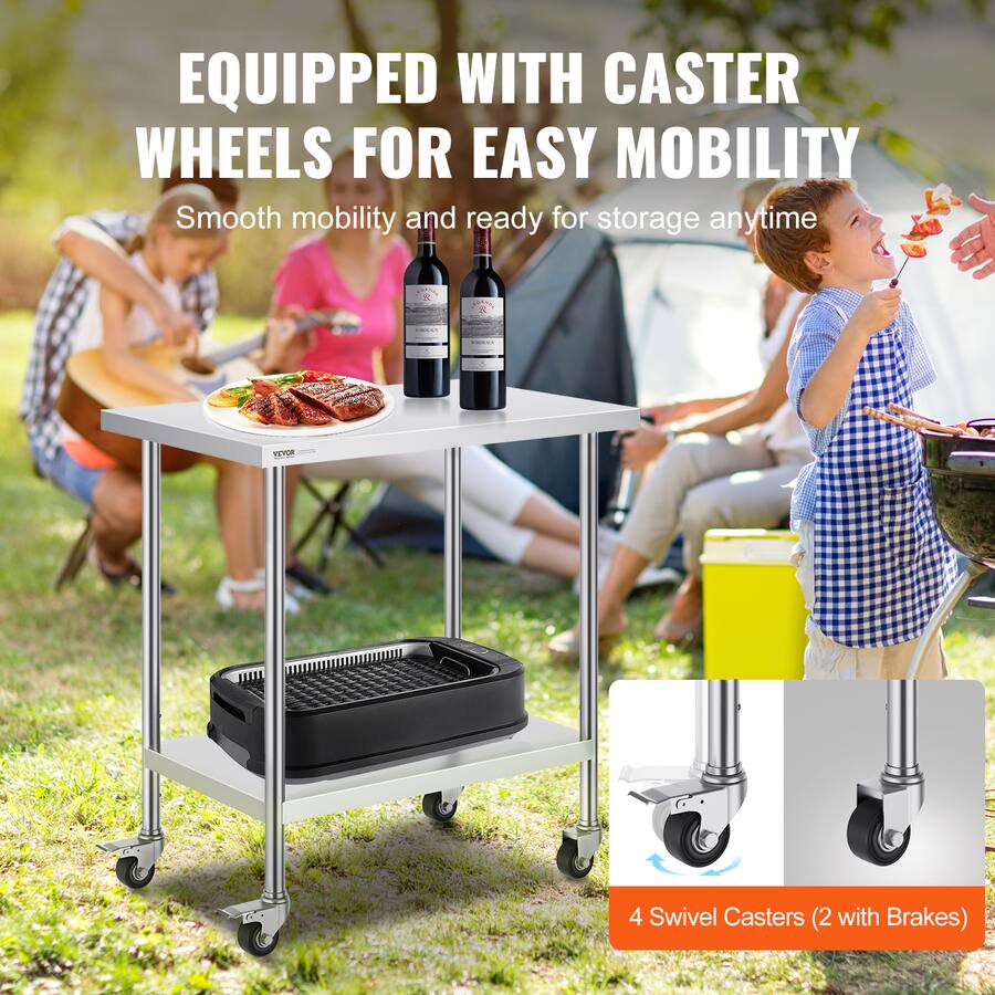 36 Inches Rims VEVOR Stainless Steel Work Table 24 x 36 x 38 Inch, with 4 Wheels, 3 ...