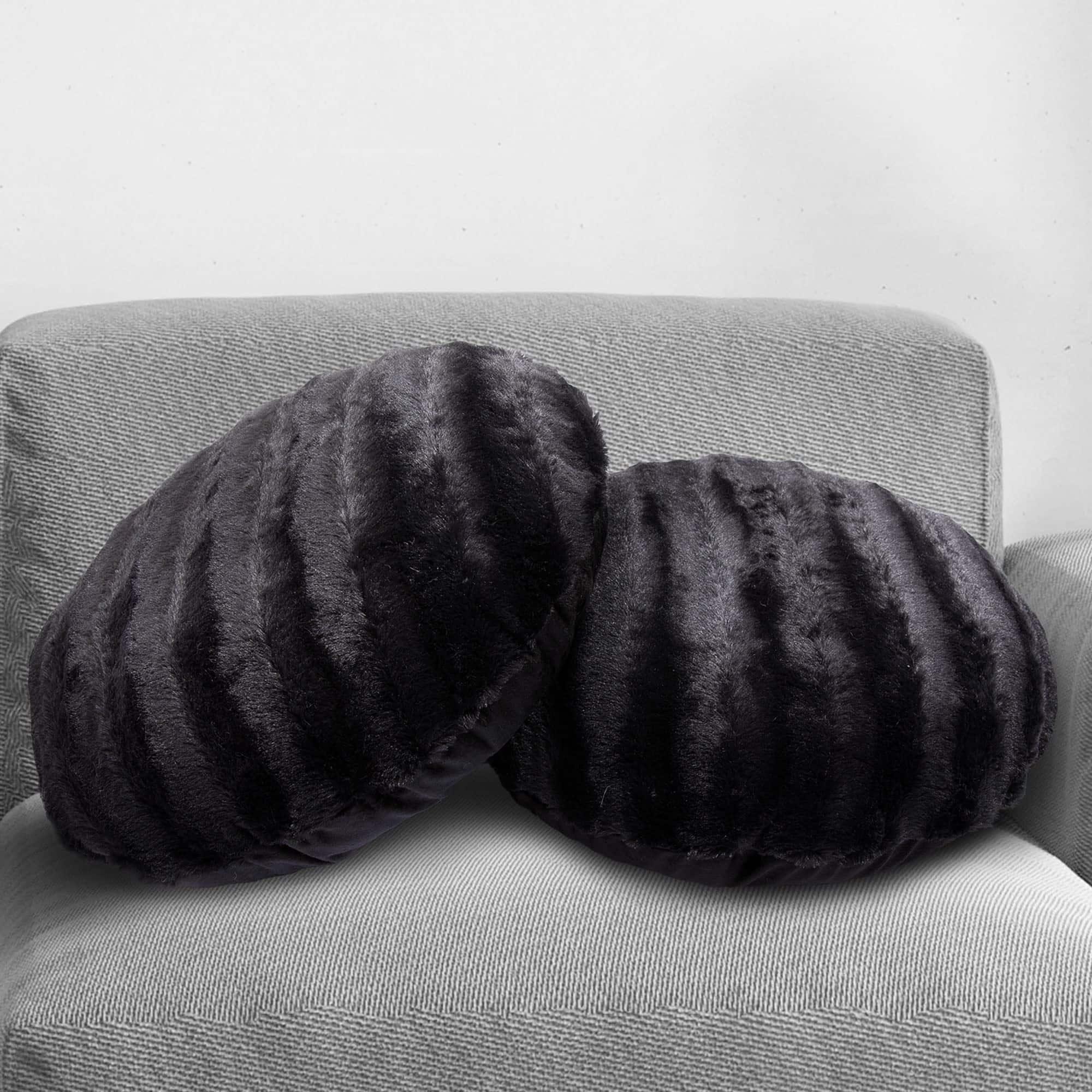 Cheer Collection - Round Faux Fur Throw Pillow Set of 2 Soft Decorative Accent Cushions - Black