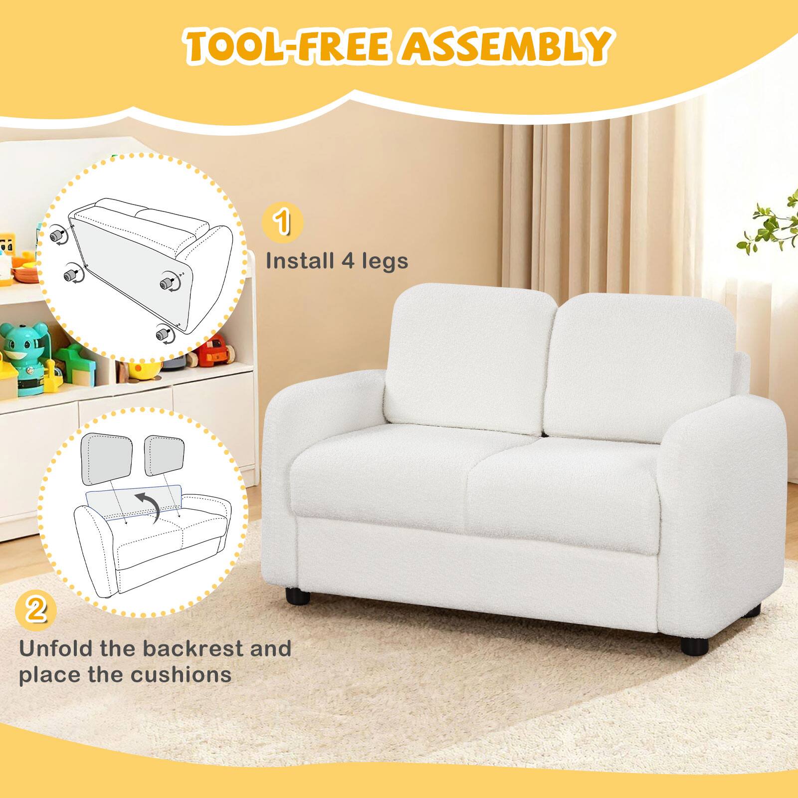 TOOL-FREE ASSEMBLY

1. Install 4 legs
2. Unfold the backrest and place the cushions