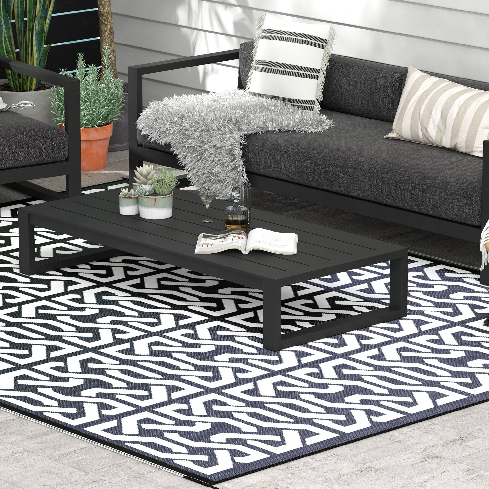 Alt View 1. Outsunny - Outdoor Rug for Patio, 9' x 12' Waterproof Large Mat, Reversible Plastic Straw Rug for Décor - Black and White Chain.