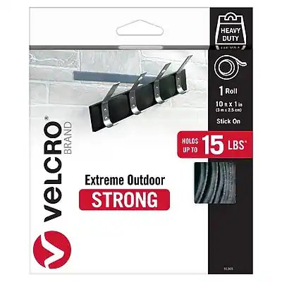 HEAVY DUTY
1 Roll 10 ft x 1 in (3m x 2.5cm) Stick On
VELCRO BRAND
HOLDS UP TO 15 LBS
Extreme Outdoor STRONG
91365