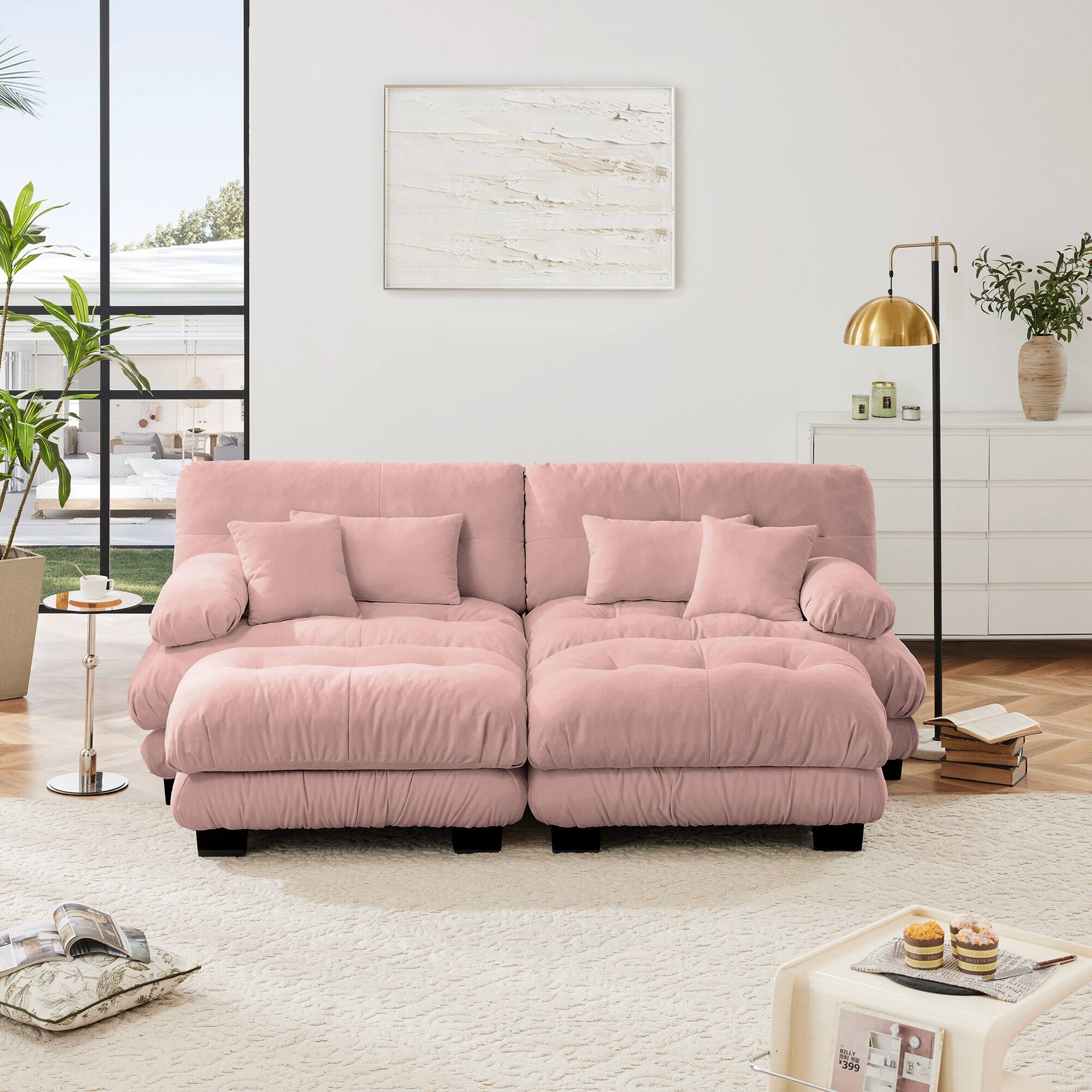 Left. DOMETOUR - Cloud Couch Chenille 2 Seater sofa with 2 Lumbar pillows and 2 throw pillows Upholstered Wide Arm Sofa with 2 Ottomans - Chenille Pink.