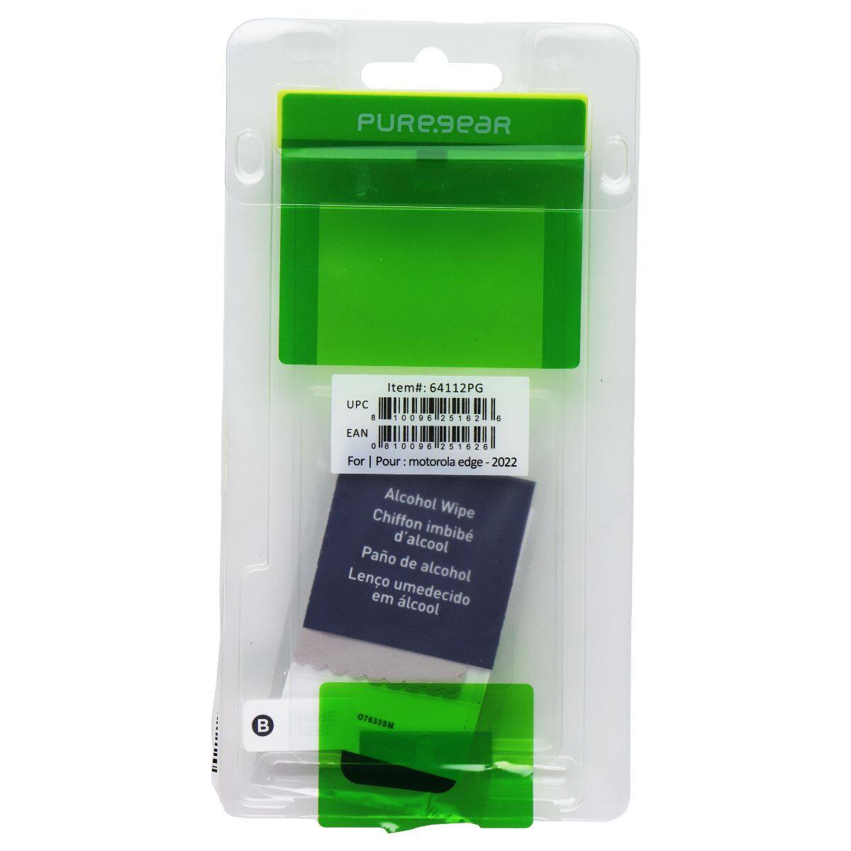 PURE9EaR  
Item#: 64112PG  
UPC: 0 10096 25162 4  
EAN: 0 10096 25162 6  
For | Pour: motorola edge - 2022  
Alcohol Wipe  
Chiffon imbibé d'alcool  
Pano de lenço umedecido em álcool