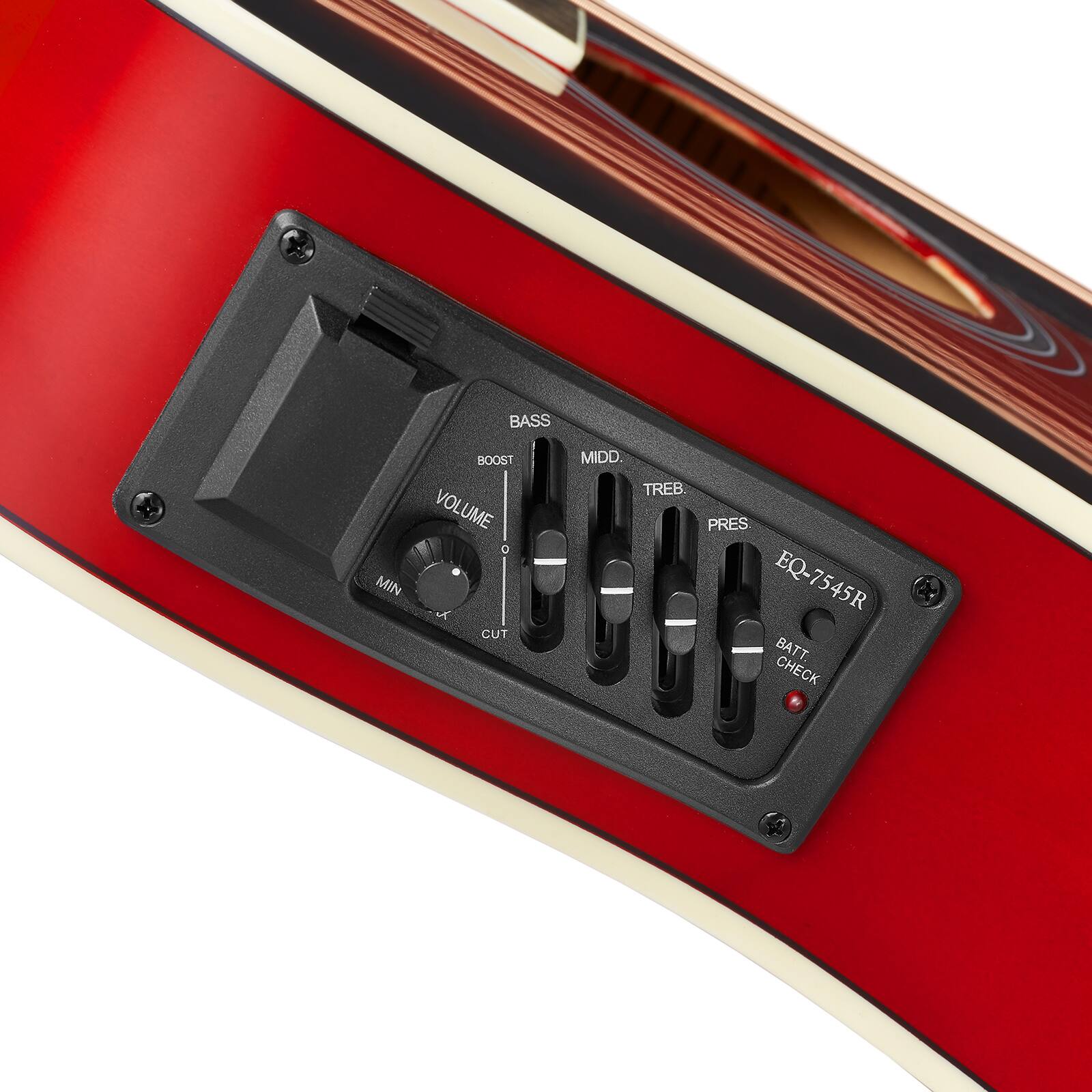 BASS BOOST VOLUME MIN CUT MIDD. TREB. PRES EQ-7545R EQ- BATT CHECK