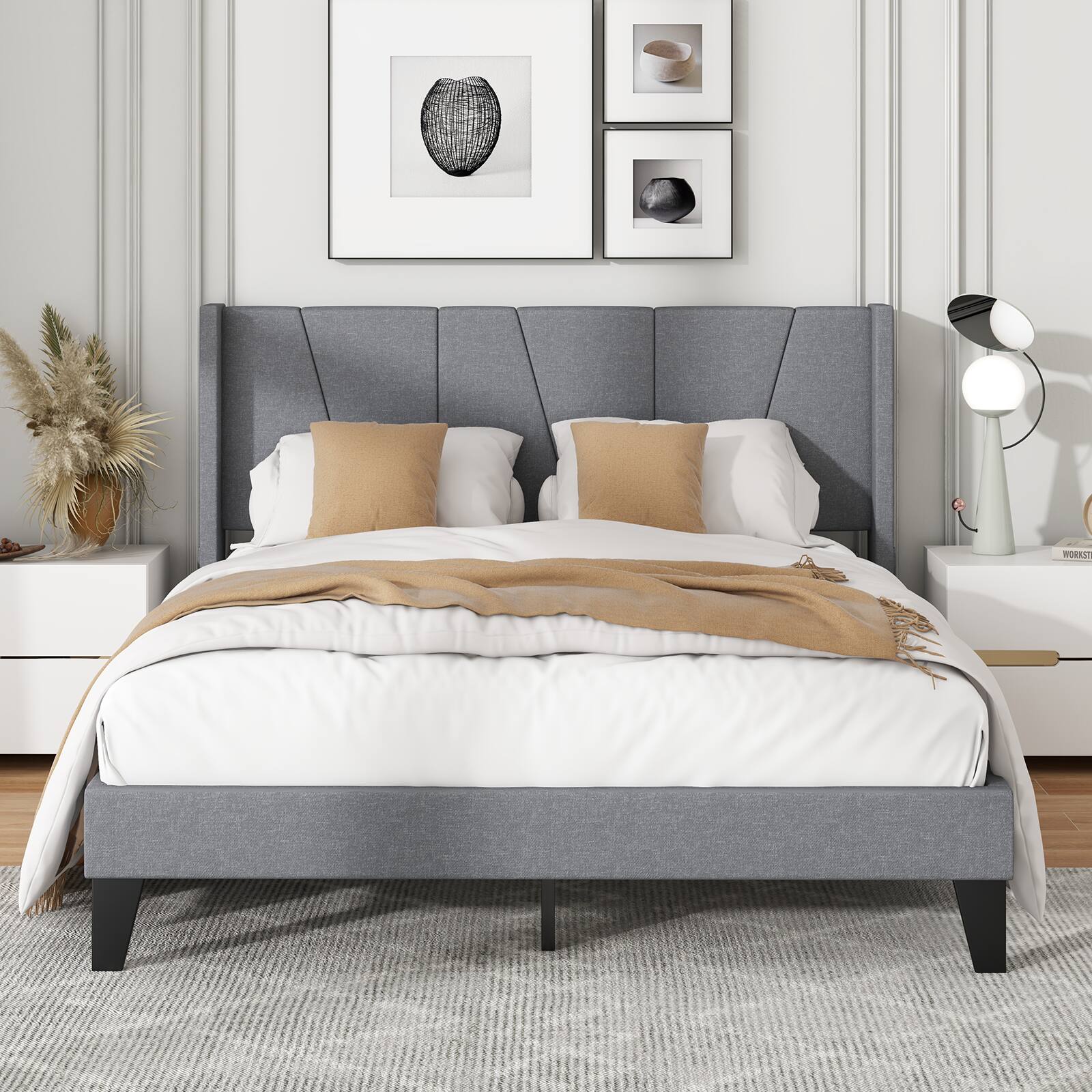 Back. Sugift - Full Size Bed Frame with Wingback Headboard and Wood Slat Support-Full Size - Grey.